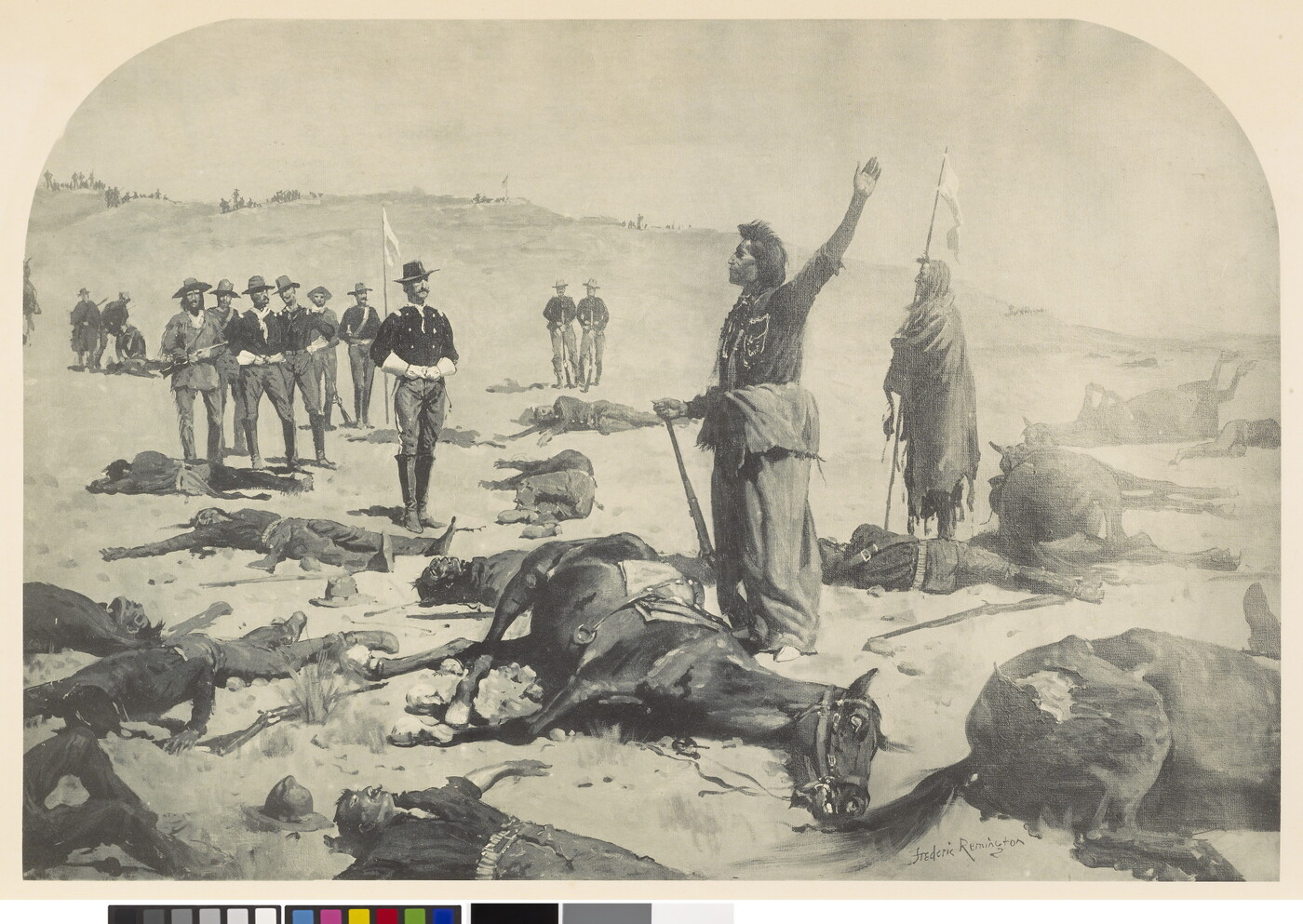 A black-and-white print of an Indigenous figure standing, with arm raised, surrounded by dead horses and men as uniformed White men stand nearby.