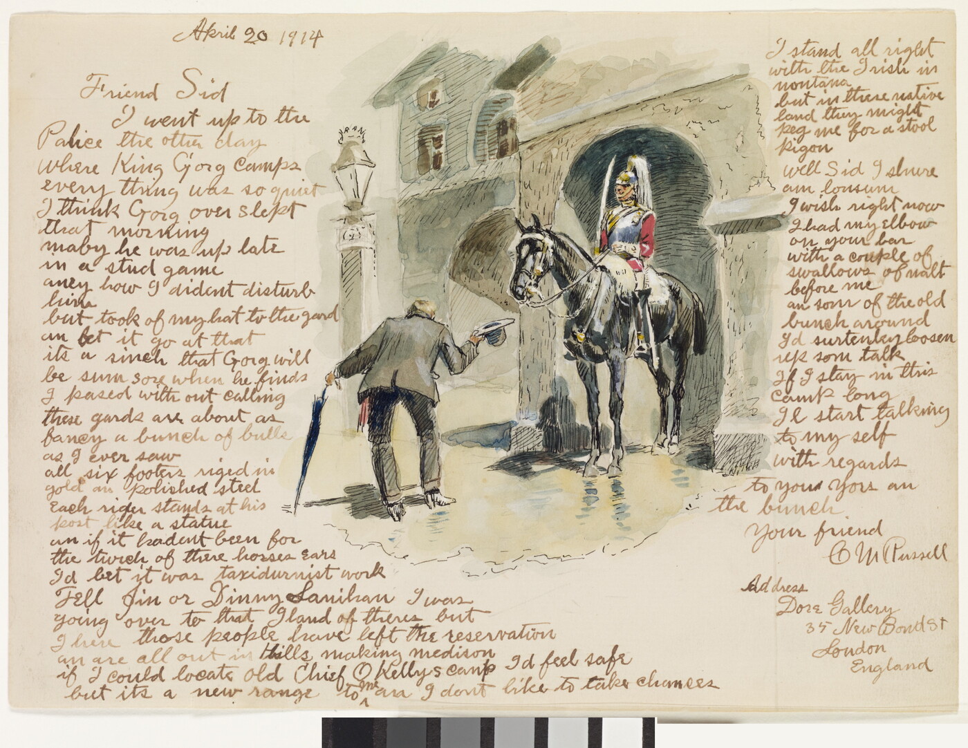 An ink and watercolor drawing of man in civilian dress bowing in front of a soldier on horseback surrounded by a hand-written letter.
