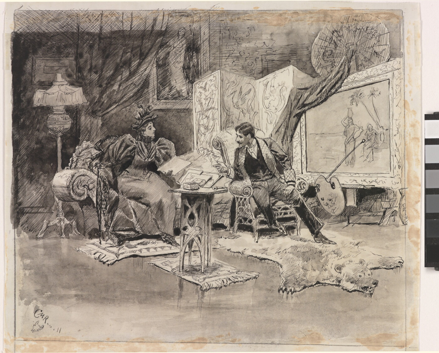 A black-and-white drawing of a man seated in front of an unfinished painting gesturing toward a woman seated nearby on a sofa.