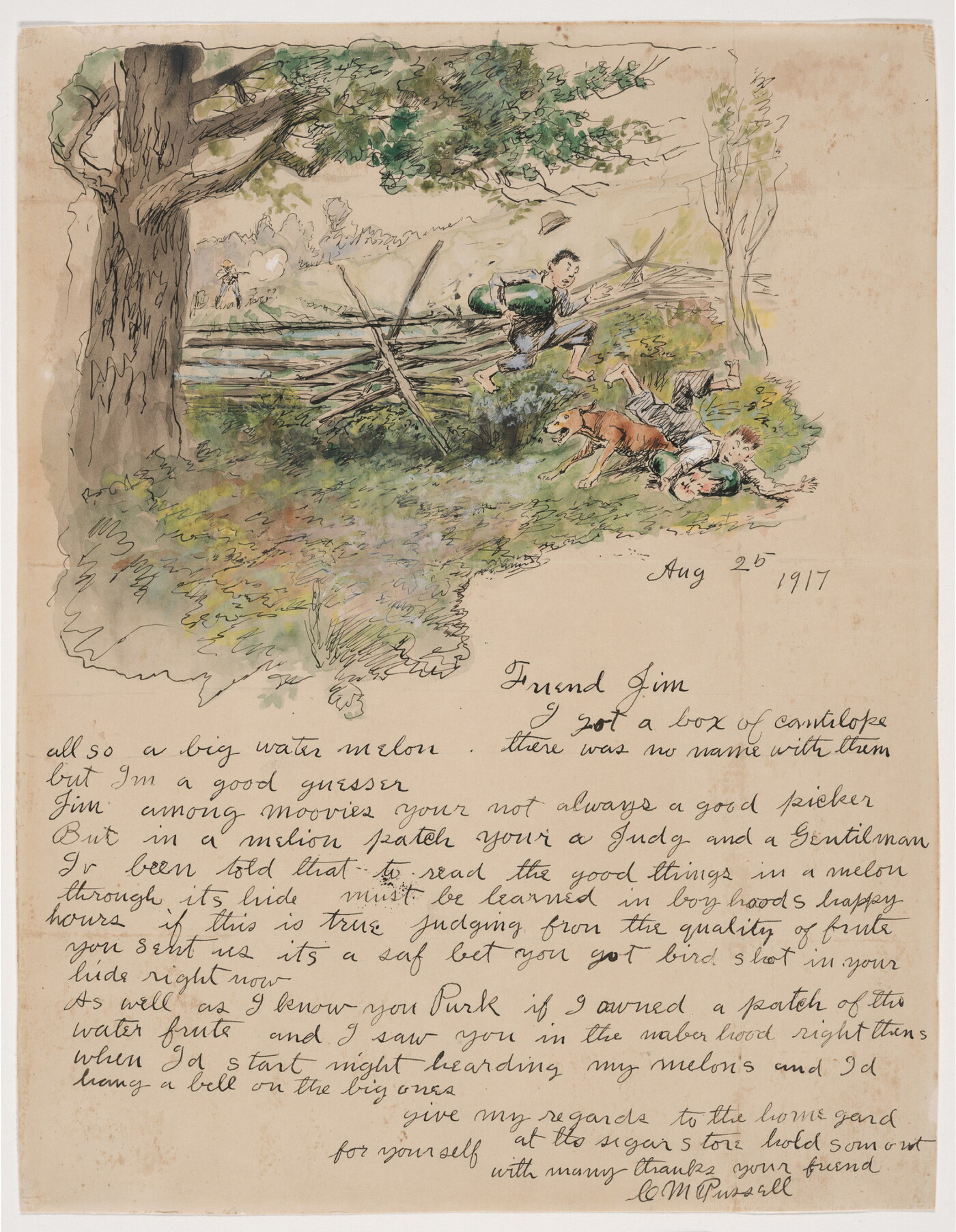 Above a letter addressed to &quot;Friend Jim,&quot; a color drawing of two boys, each holding a watermelon, and a dog jumping over a fence away from a man pointing a rifle at them.