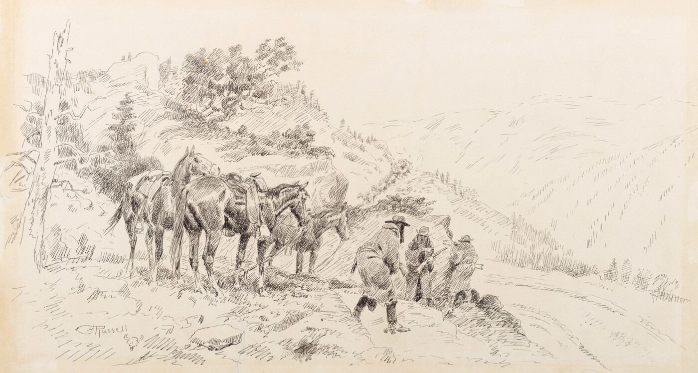 A black-and-white drawing of three saddled horses and three figures wearing coats and cowboy hats standing on a hillside.