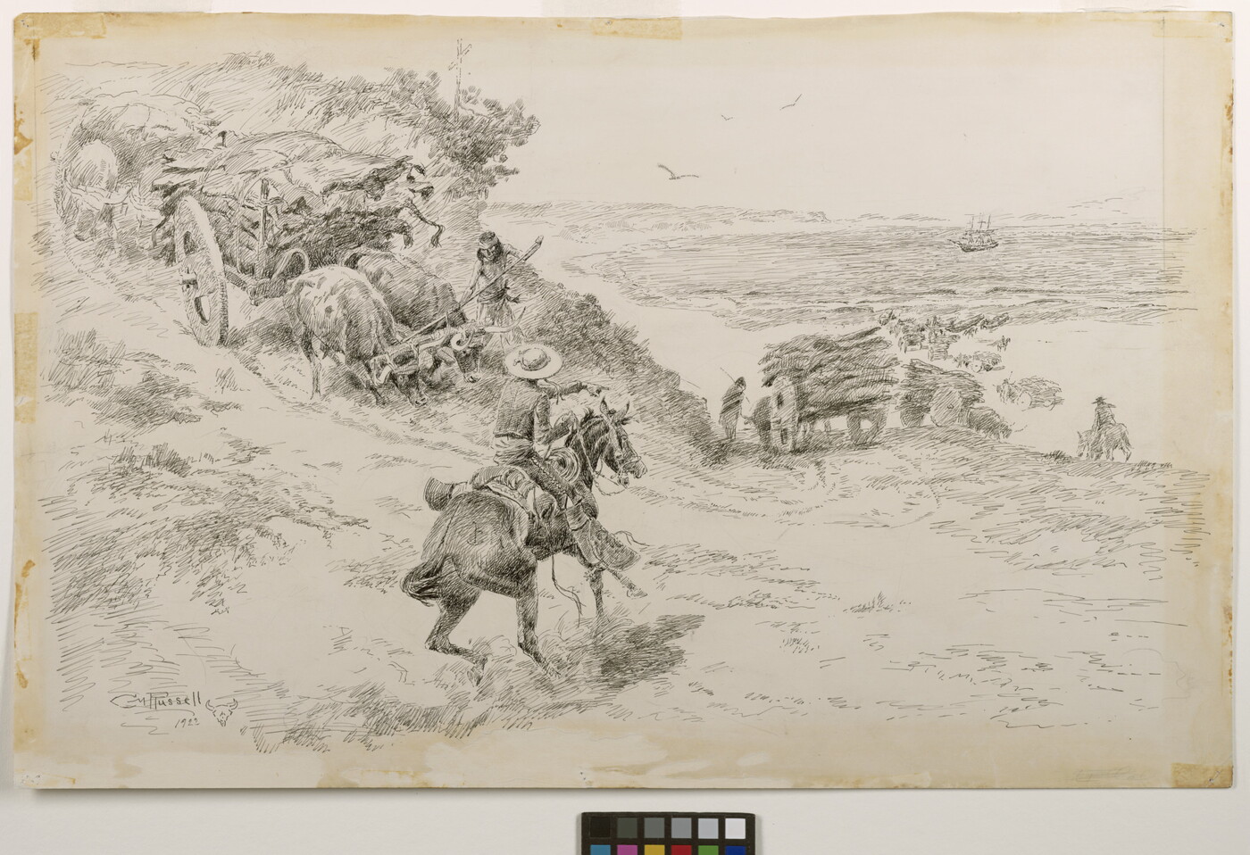 A black-and-white drawing of a cowboy directing ox-pulled carts carrying cowhides down a hill.
