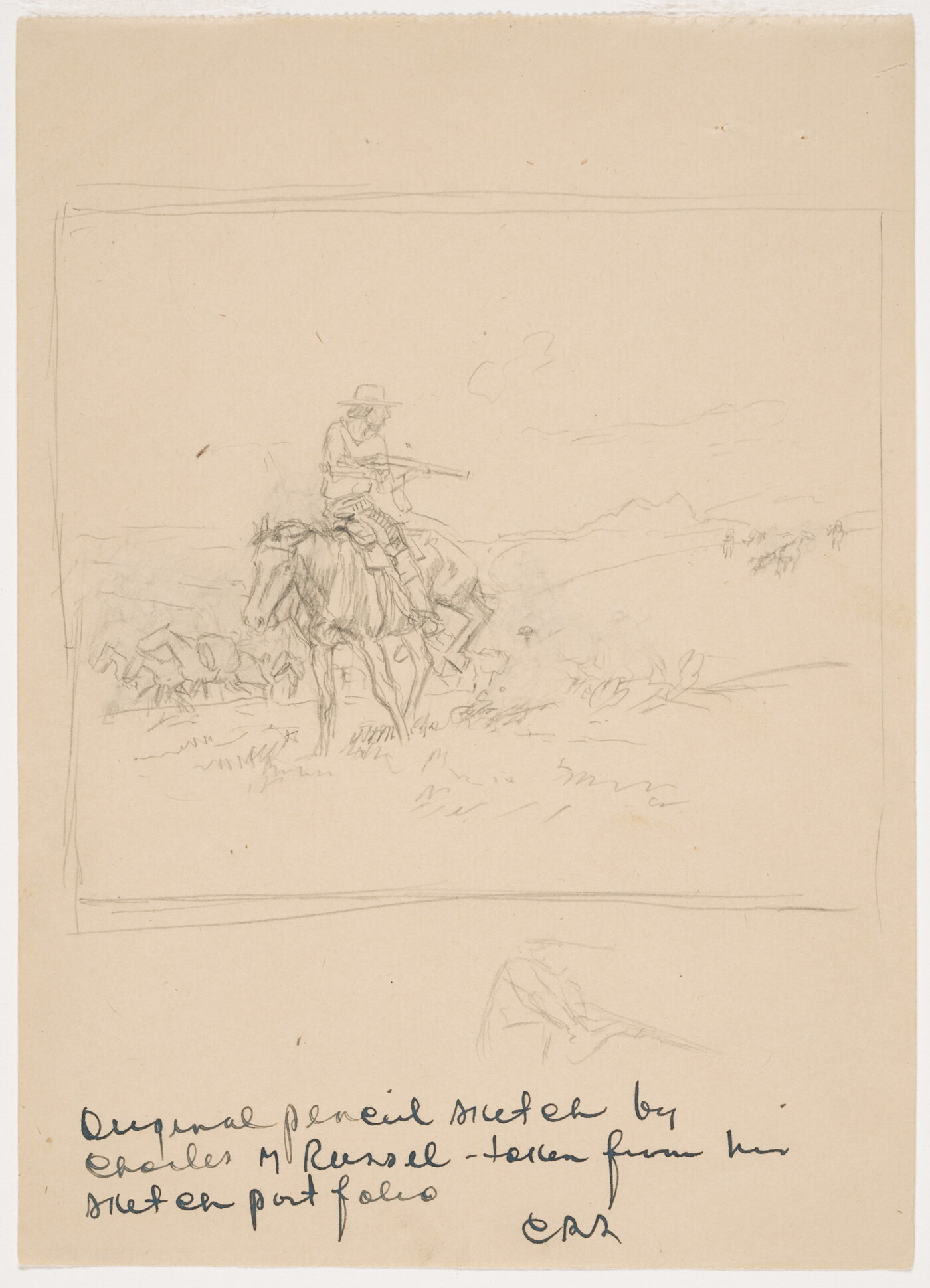 A sketch of a cowboy on a galloping horse pointing a rifle behind him.