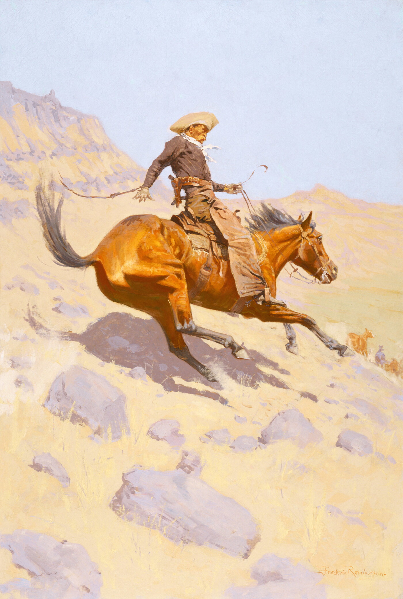 An oil  painting of a cowboy riding a horse that is sliding down a steep, rocky incline.