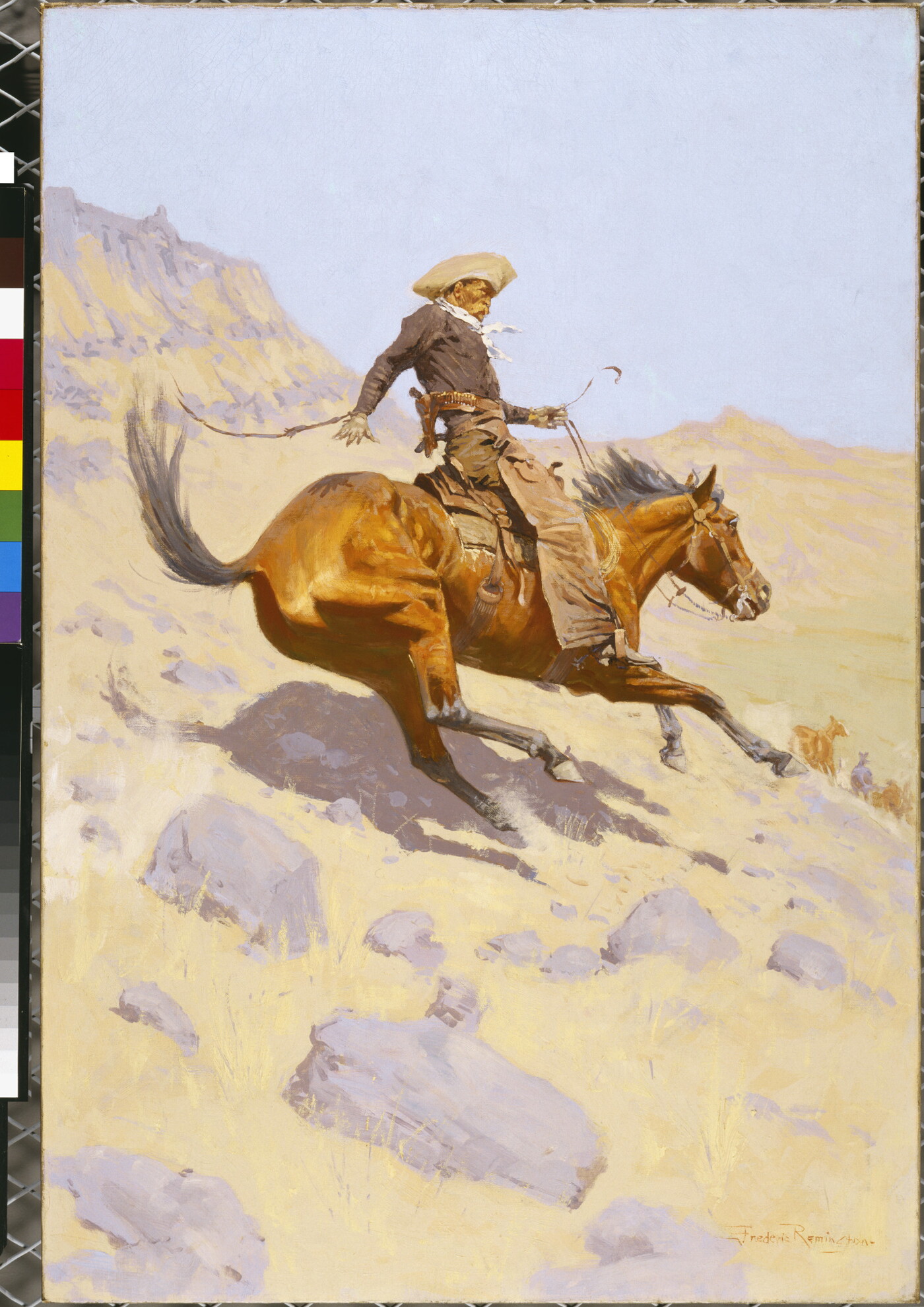 An oil  painting of a cowboy riding a horse that is sliding down a steep, rocky incline.