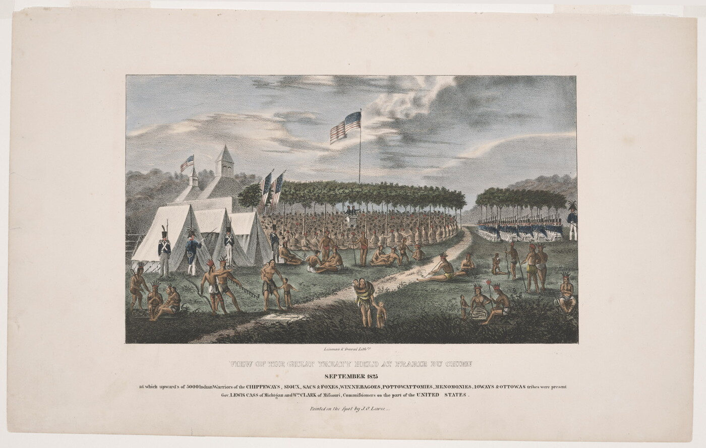 A color print of a large group of Indigenous figures listening to two White men at a podium, a group of soldiers seated in chairs next to them, and in the foreground, Indigenous people in various activities in front of three white tents.