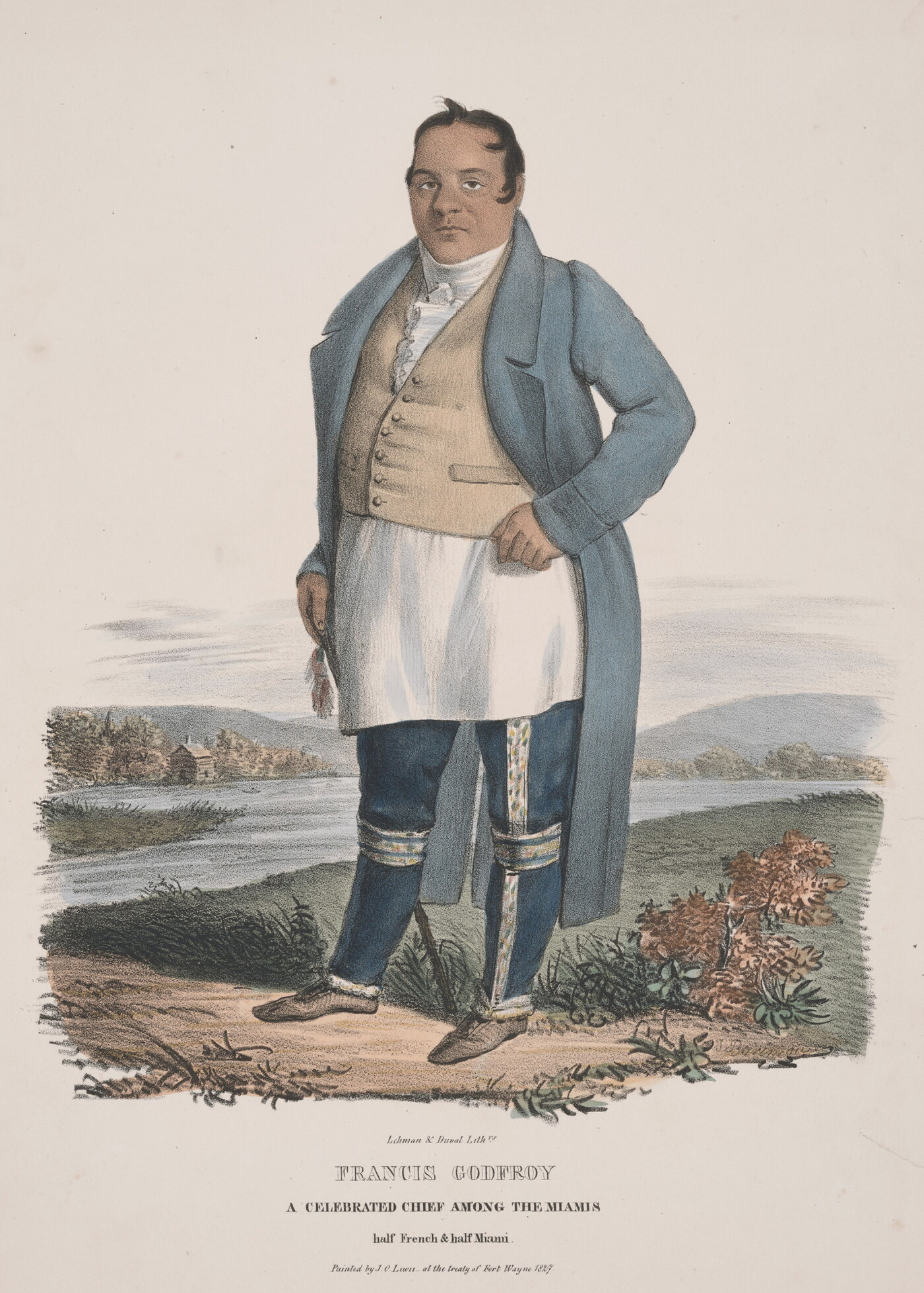 A color print of a light-skinned man wearing a long white shirt under a vest, a long blue coat, and dark blue pants on the bank of a river.