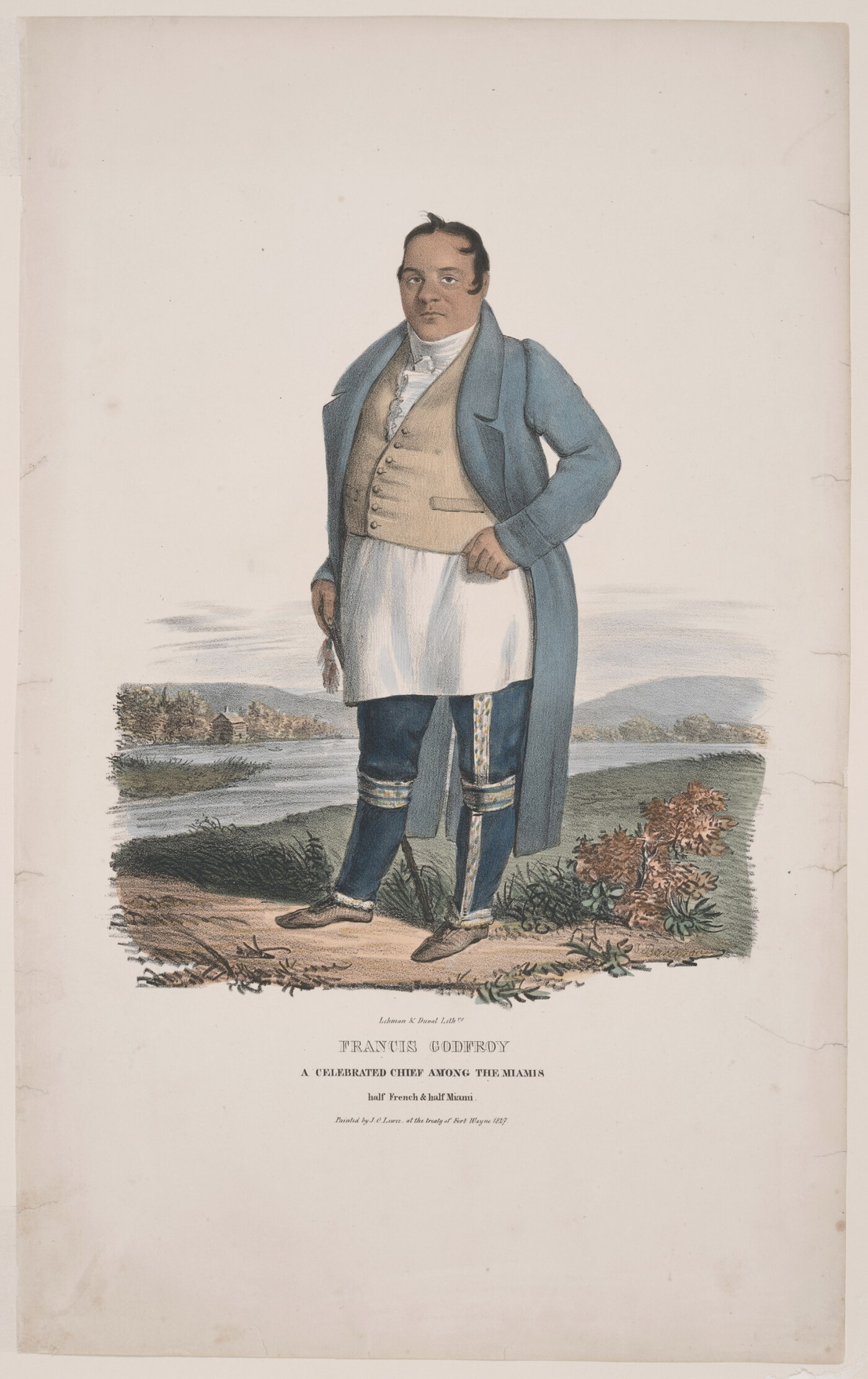 A color print of a light-skinned man wearing a long white shirt under a vest, a long blue coat, and dark blue pants on the bank of a river.
