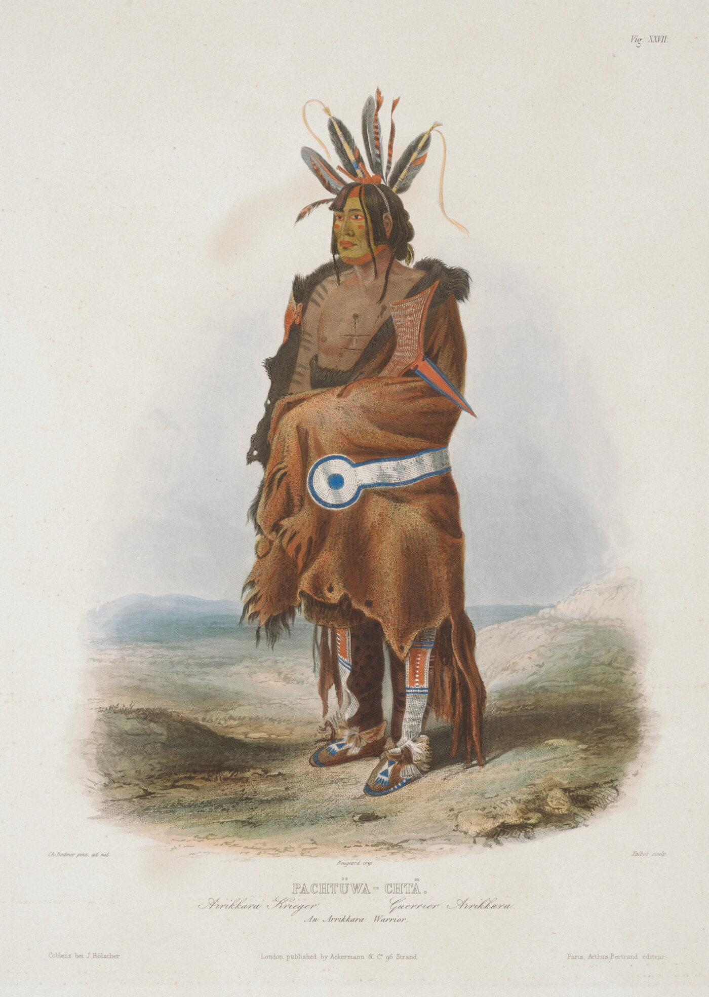A color print of an Indigenous man with feathers in his hair, draped in a fringed animal skin blanket over beaded leggings and moccasins.