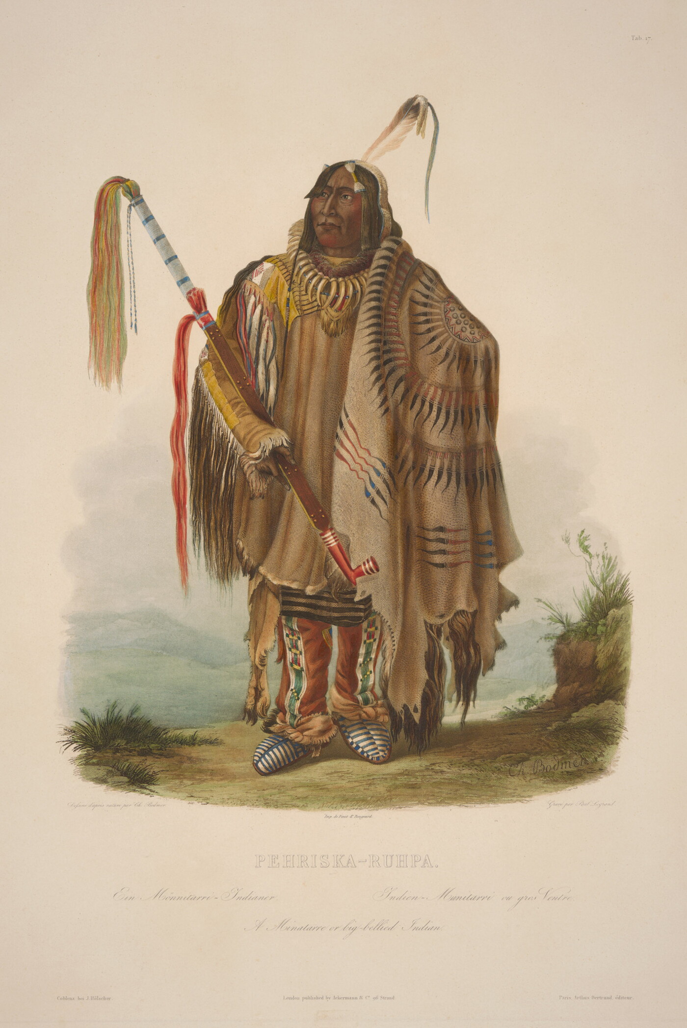 A color print of an Indigenous man with a single feather in his dark hair, wearing an animal skin tunic and a blanket draped over one shoulder, cradling a long pipe in one arm.