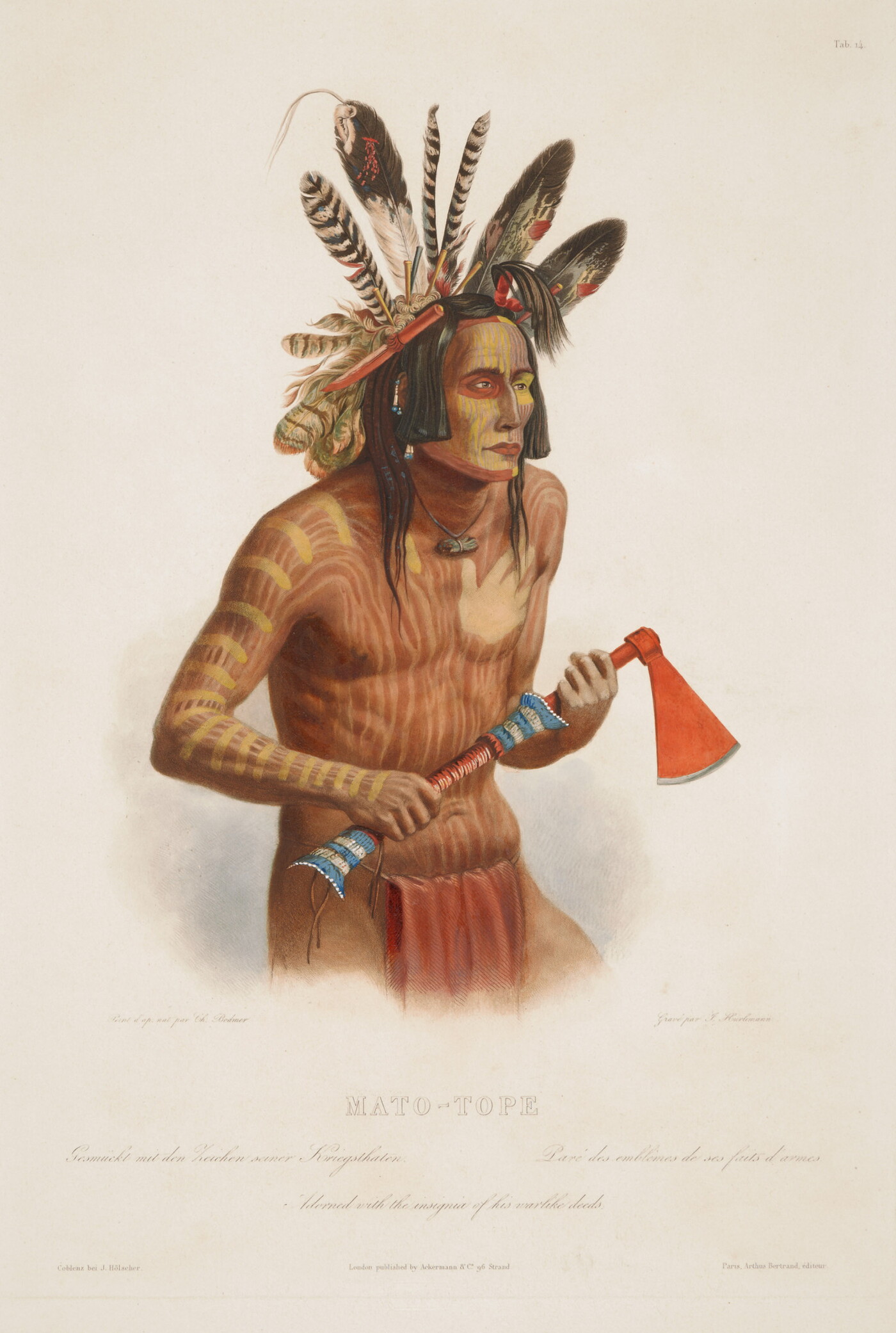 A color print of an Indigenous man wearing a feathered headdress, face and torso painted in red and white, wearing a red loincloth, and holding a red hatchet.