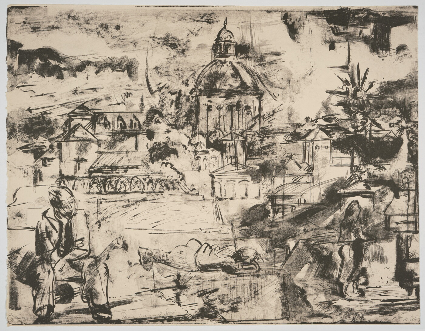 A black-and-white print of a cityscape, buildings, a monument, and people including a man sitting on a bench and a person lying down, all in a sketchy style.
