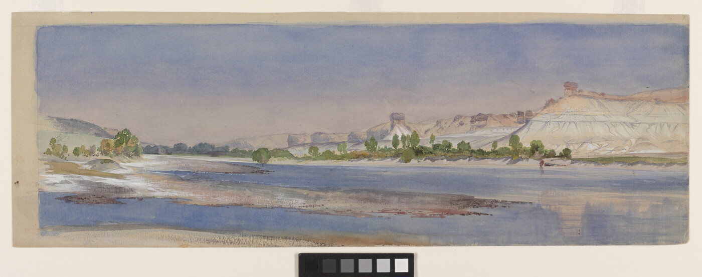 A landscape watercolor of a wide and calm river with white cliffs in the distance.