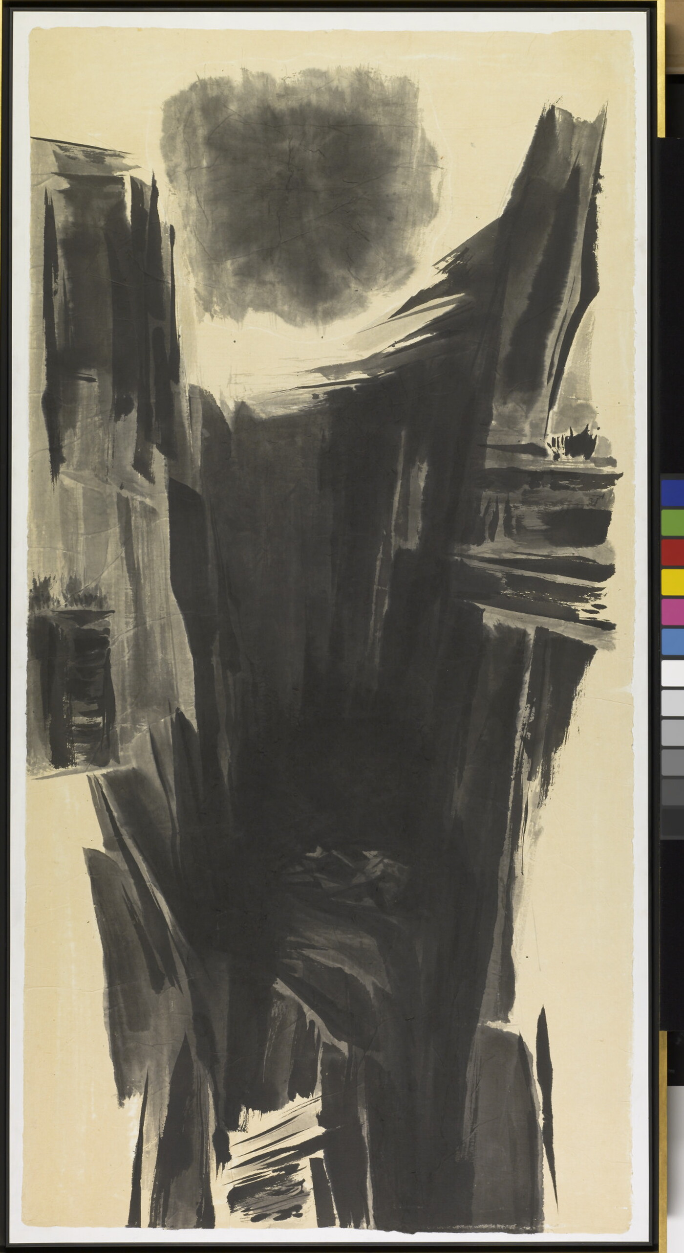 A tall, abstract, black-and-white ink drawing of a landscape made of broad, black strokes with a sun-like shape at the top.