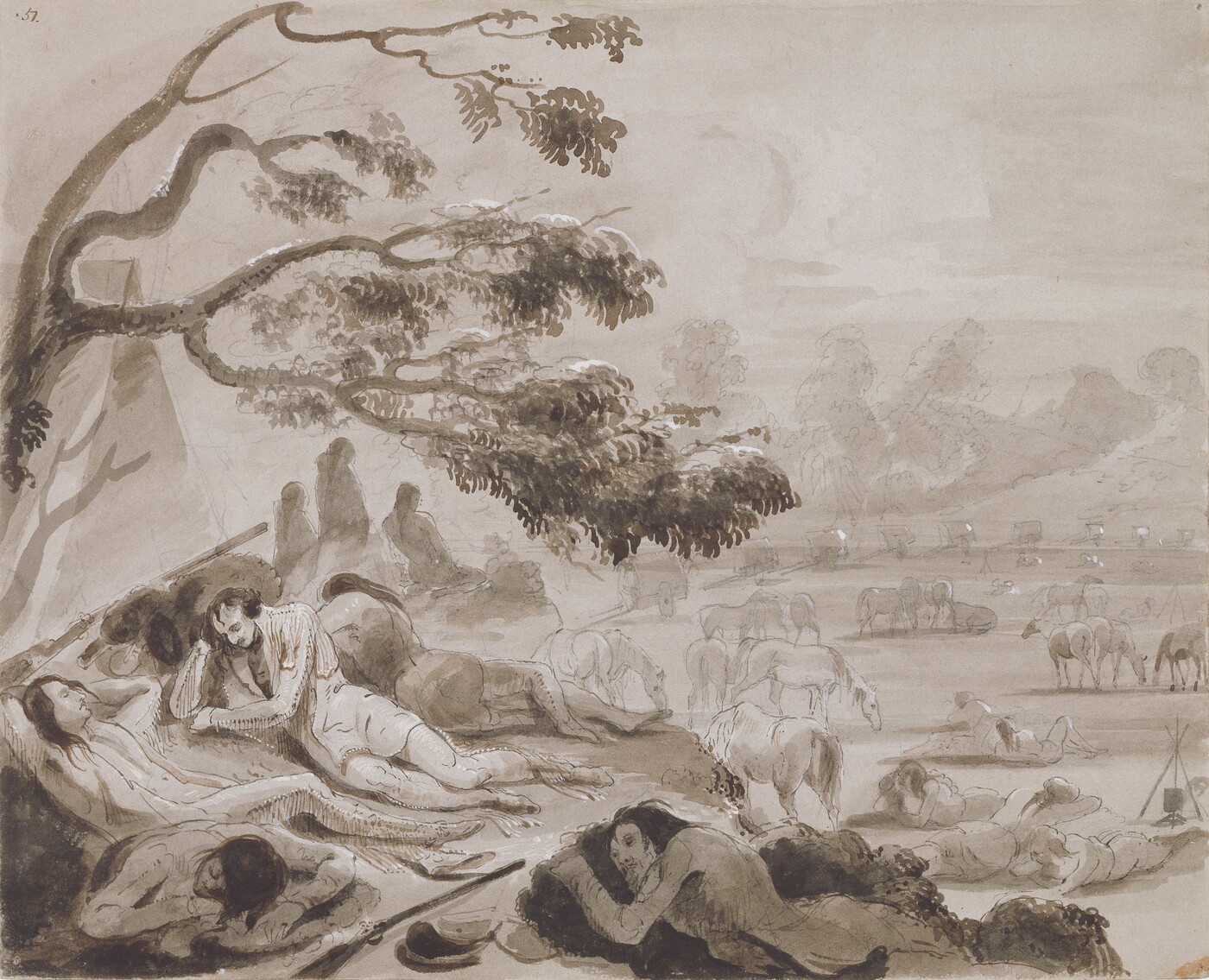 A black-and-white ink drawing of a group of Indigenous people sleeping and resting under trees with their horses grazing in the distance.