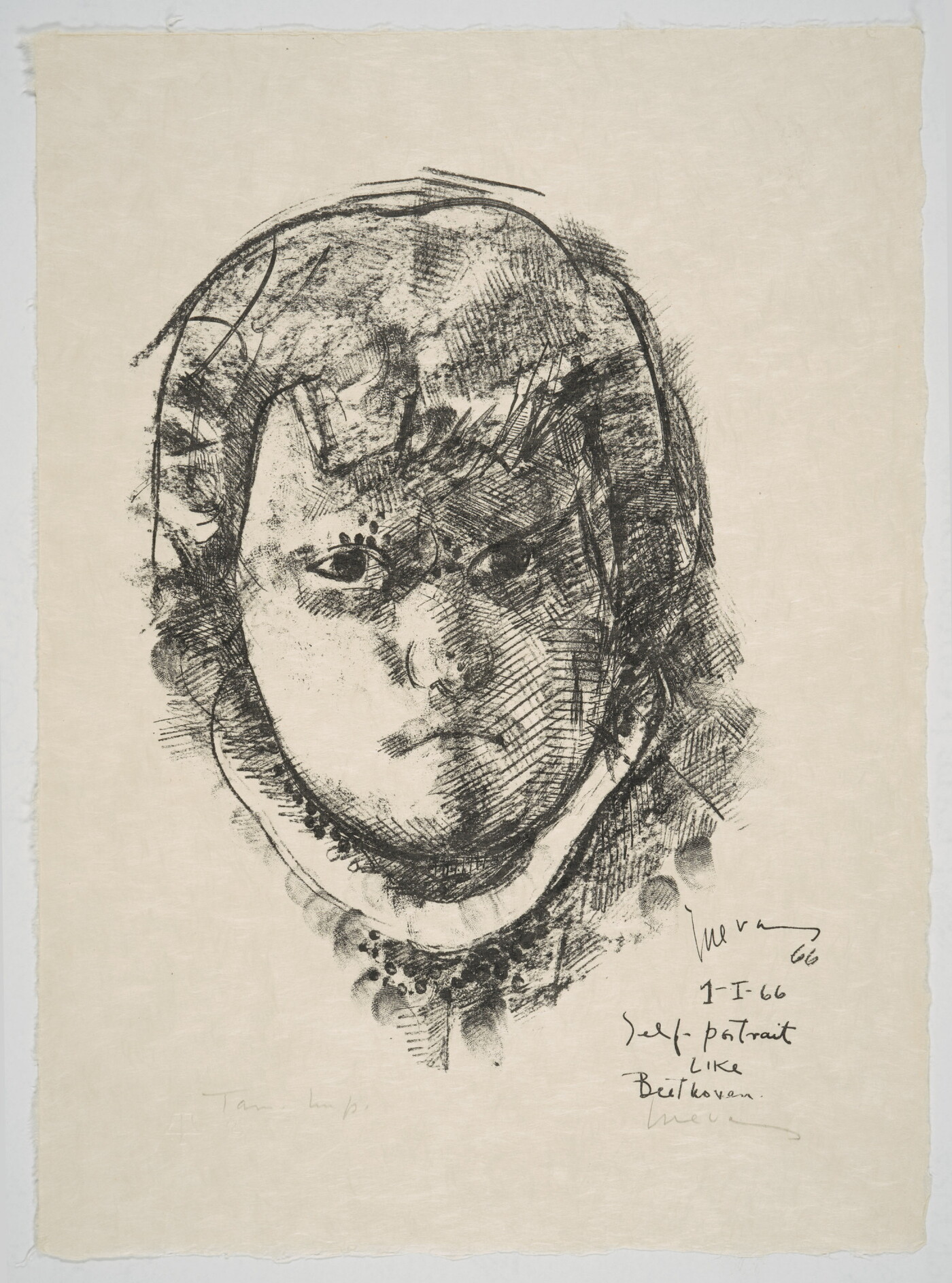 A black-and-white print of a frowning man with short hair and bangs, wearing a high stiff collar.