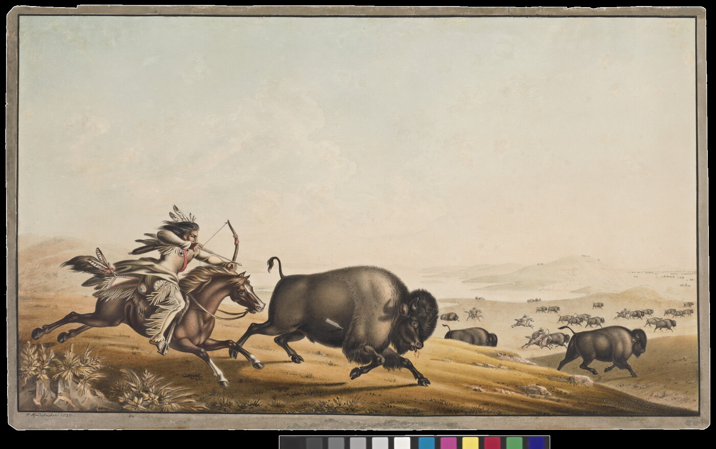A watercolor of a herd of bison running in a field from Native Americans on horseback hunting with a bows and arrows.