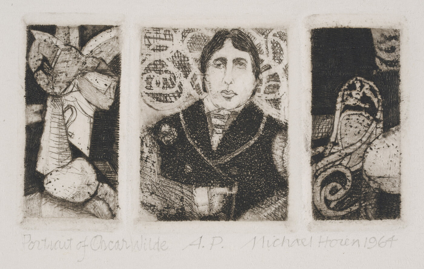 A black-and-white print of three scenes with a portrait of Oscar Wilde in the center and household items on either side.