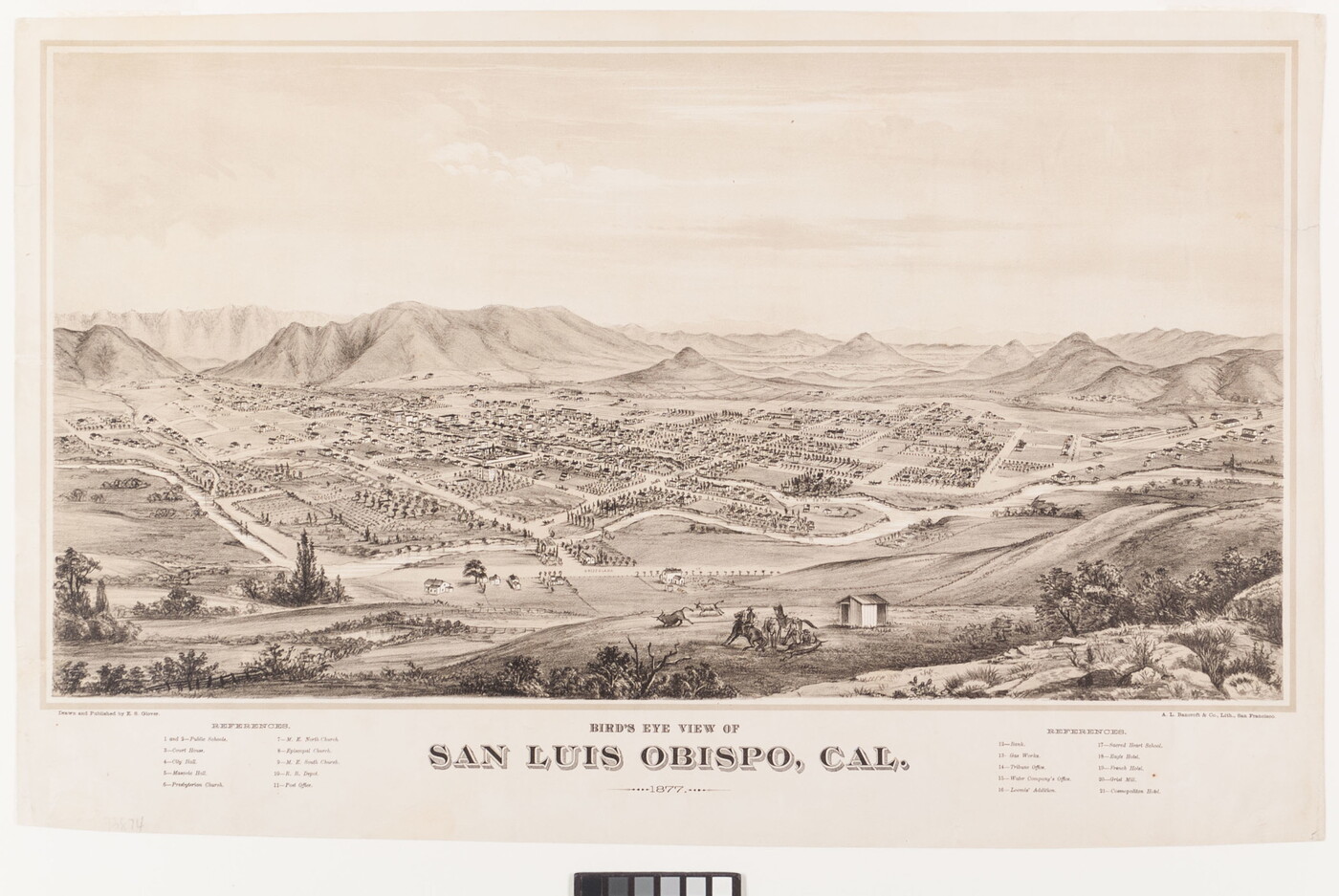 A sepia-toned print of a town as viewed from a high hill showing a grid of streets, buildings, homes, and high mountains in the distance.