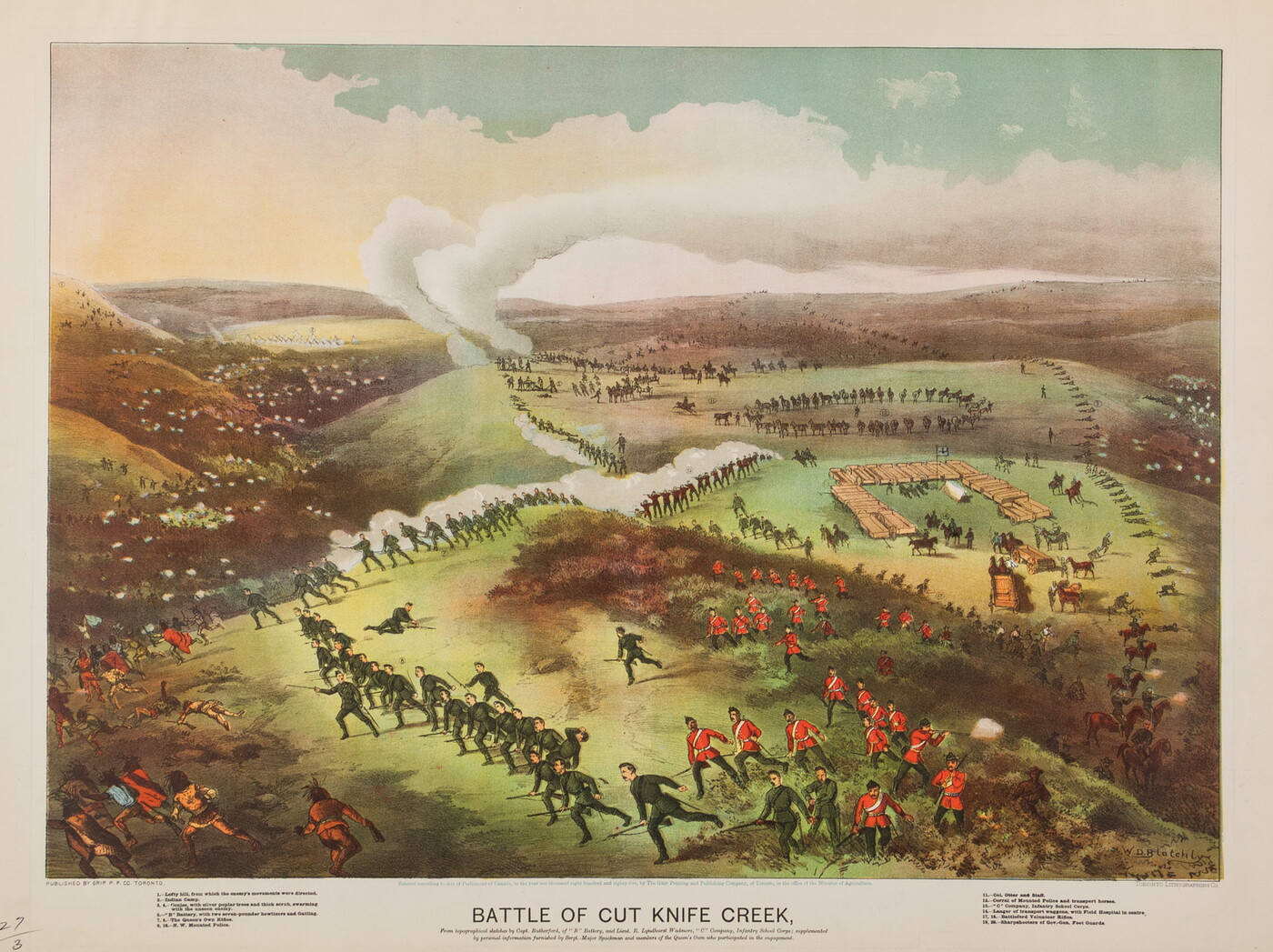 A color print of a battleground with Indigenous people fleeing from soldiers in red or green uniforms.