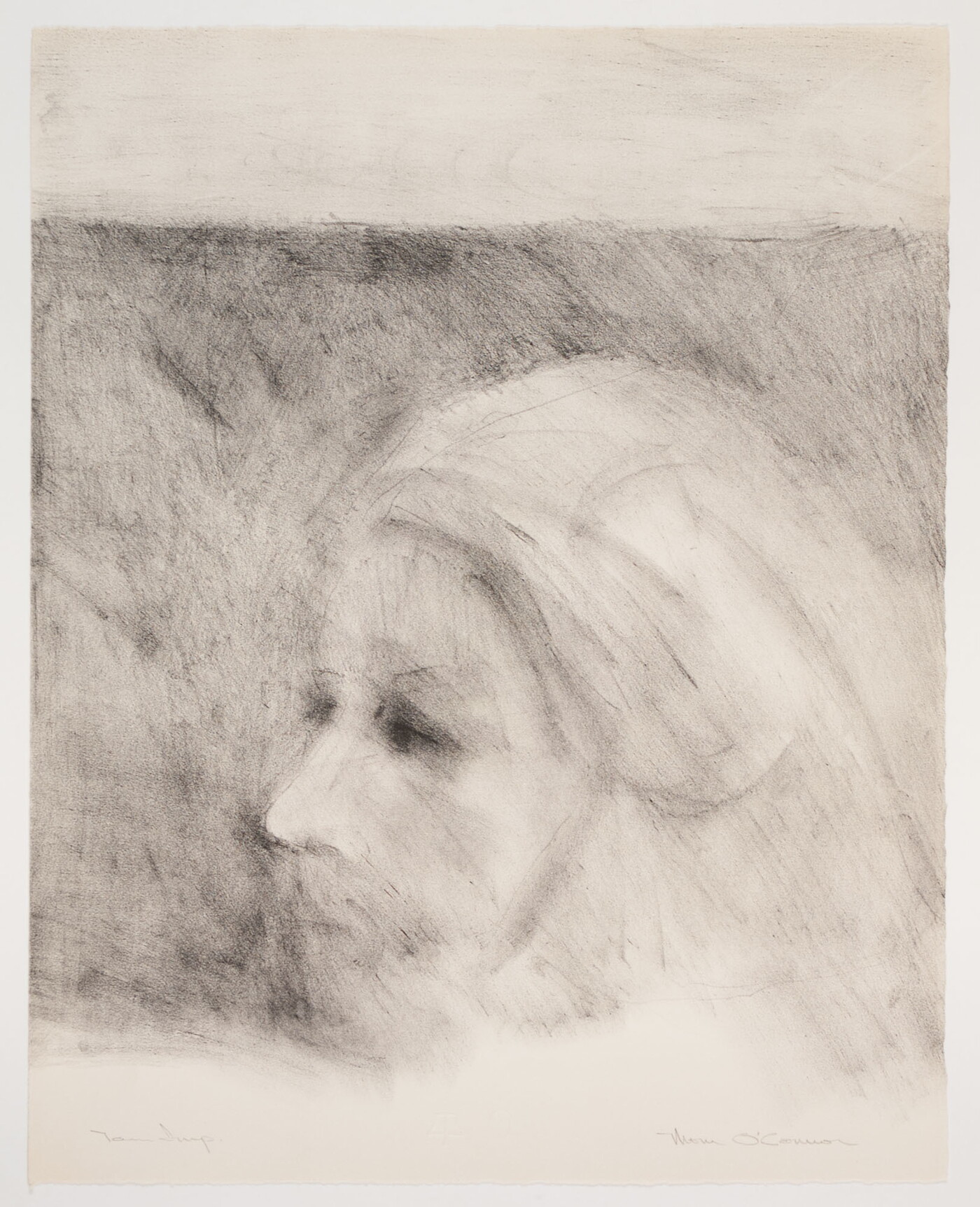 A black-and-white print of a woman&#039;s face in profile in a very soft and abstract style.