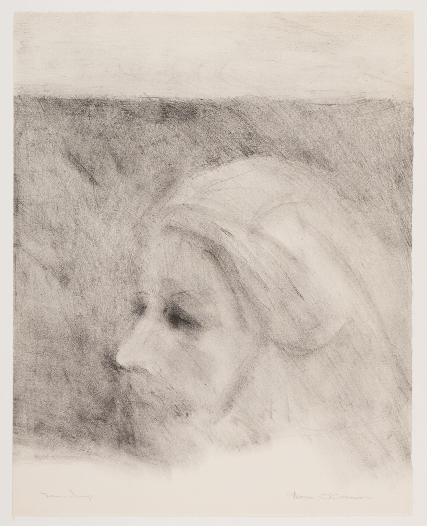 A black-and-white print of a woman&#039;s face in profile in a very soft and abstract style.