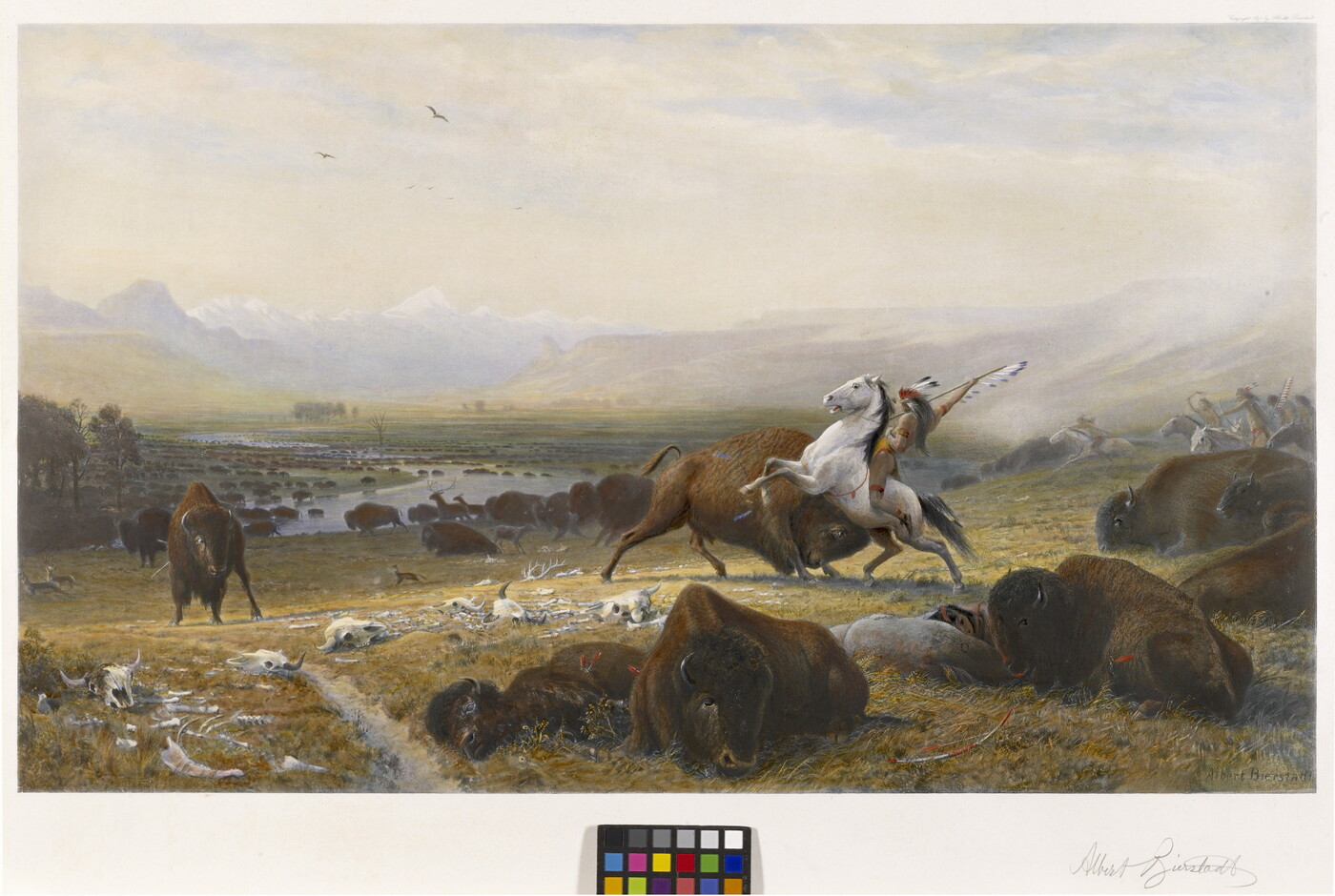 A painting of a Native American on horseback spearing a bison in a field full of bison, some dead or injured.