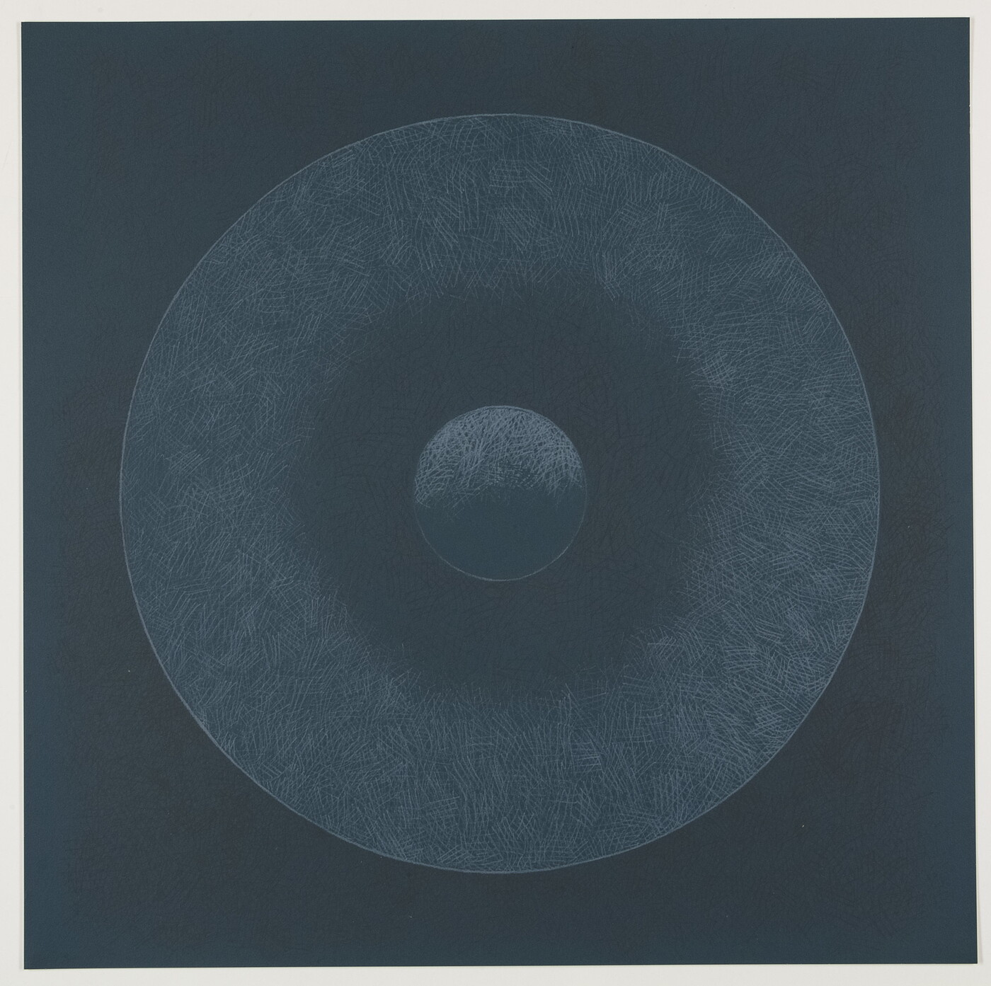 An abstract color print of two gray-blue circles, one within the other like a pupil within an iris of an eyeball, on a navy blue background.