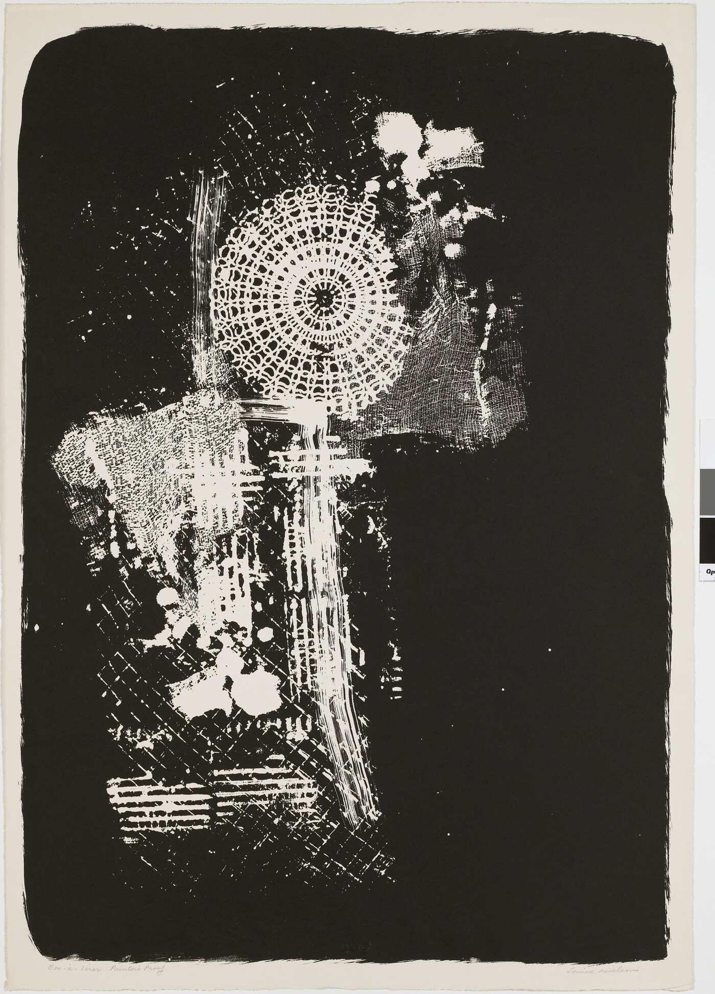 An abstract black-and-white print of a white Ferris wheel shape and other white grids and lines against a black background.