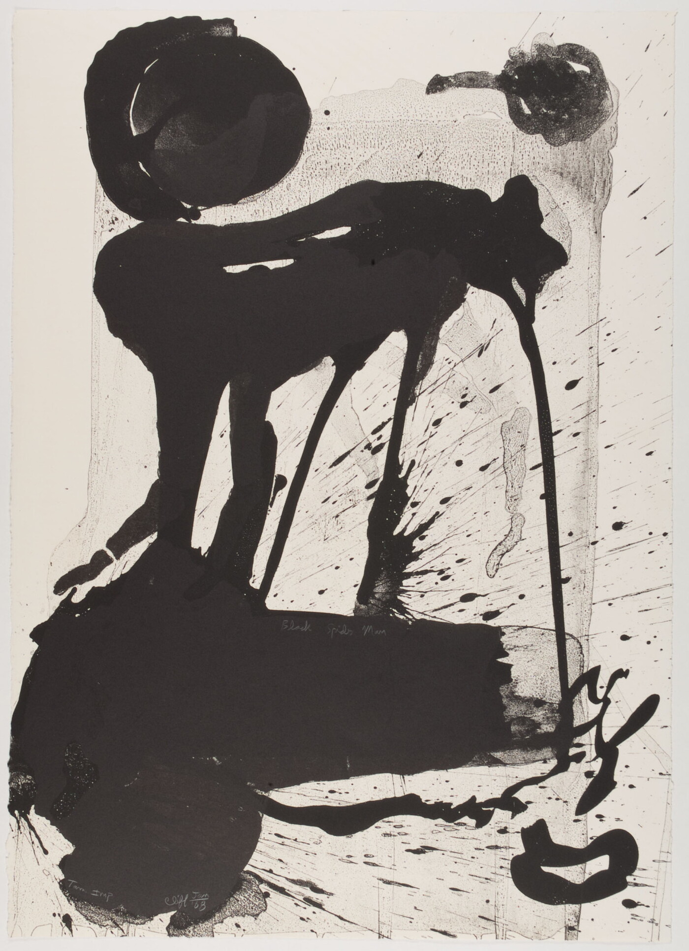 An abstract print of an black organic form with drips and splattered lines.