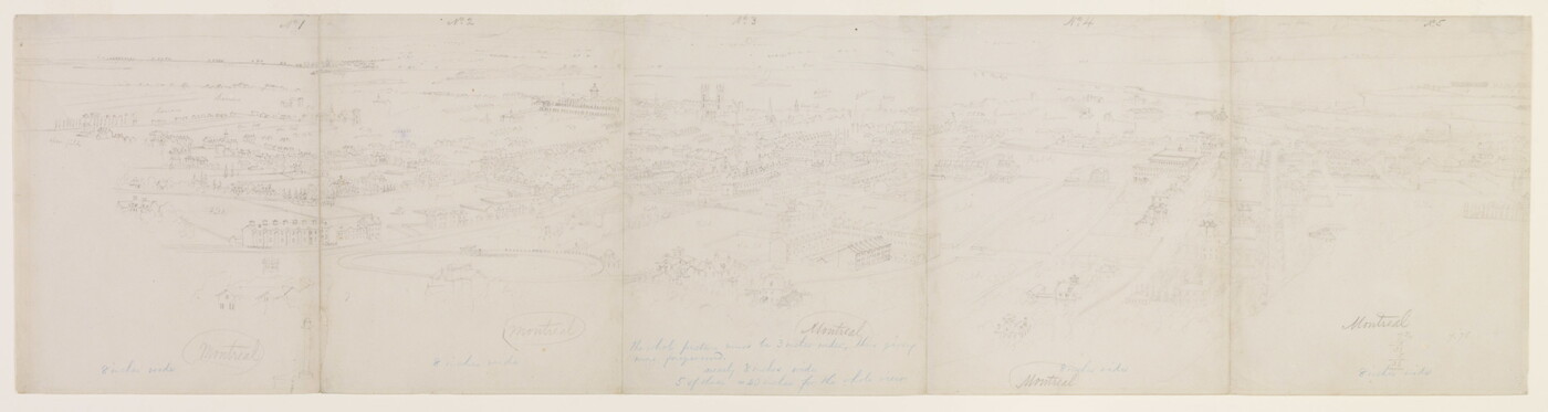 A black-and-white drawing of Montreal as viewed from above across multiple sheets of paper.