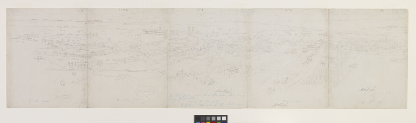A black-and-white drawing of Montreal as viewed from above across multiple sheets of paper.
