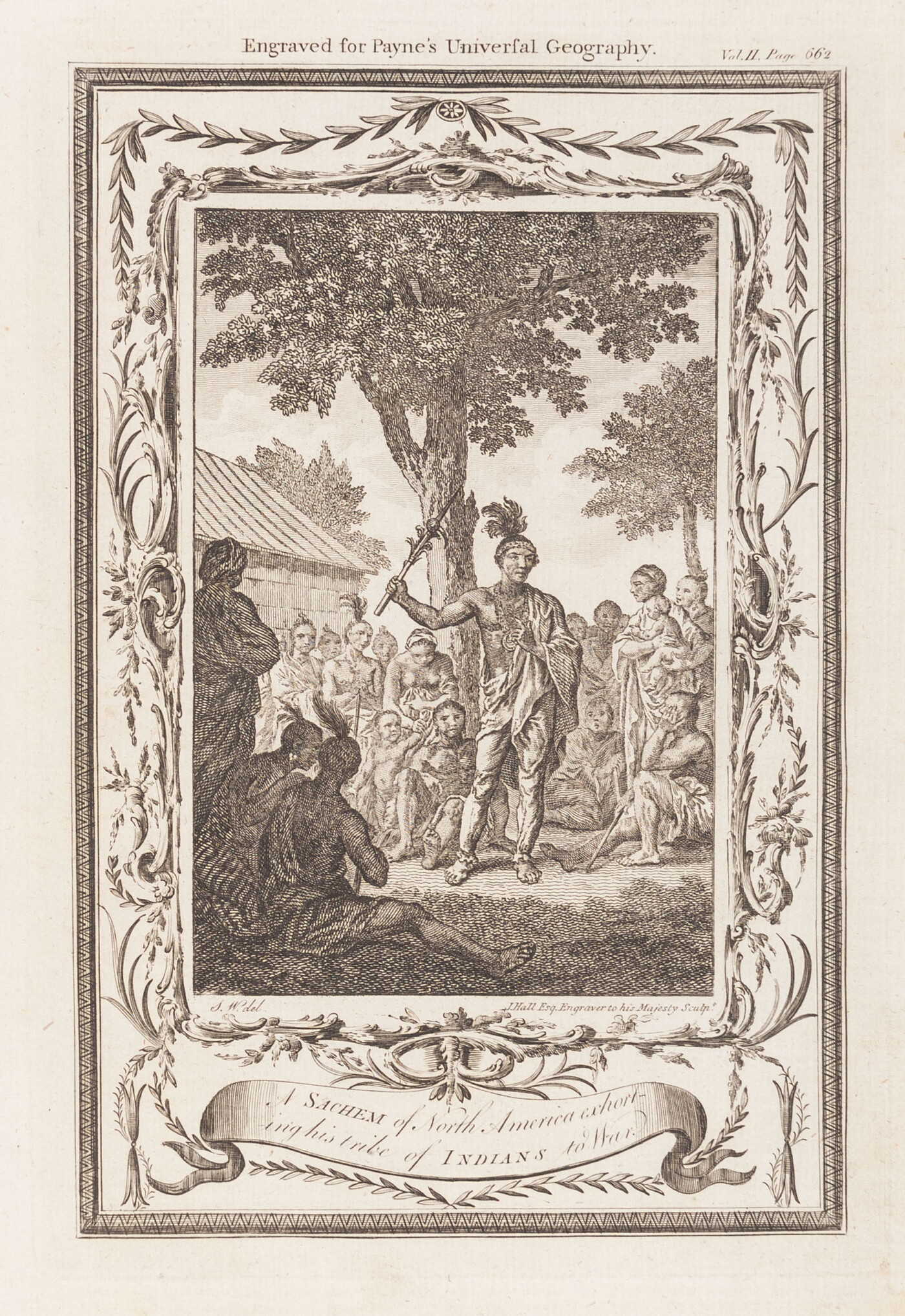 A black-and-white print of a group of Indigenous people listening to someone speak, surrounded by an elegant frame.