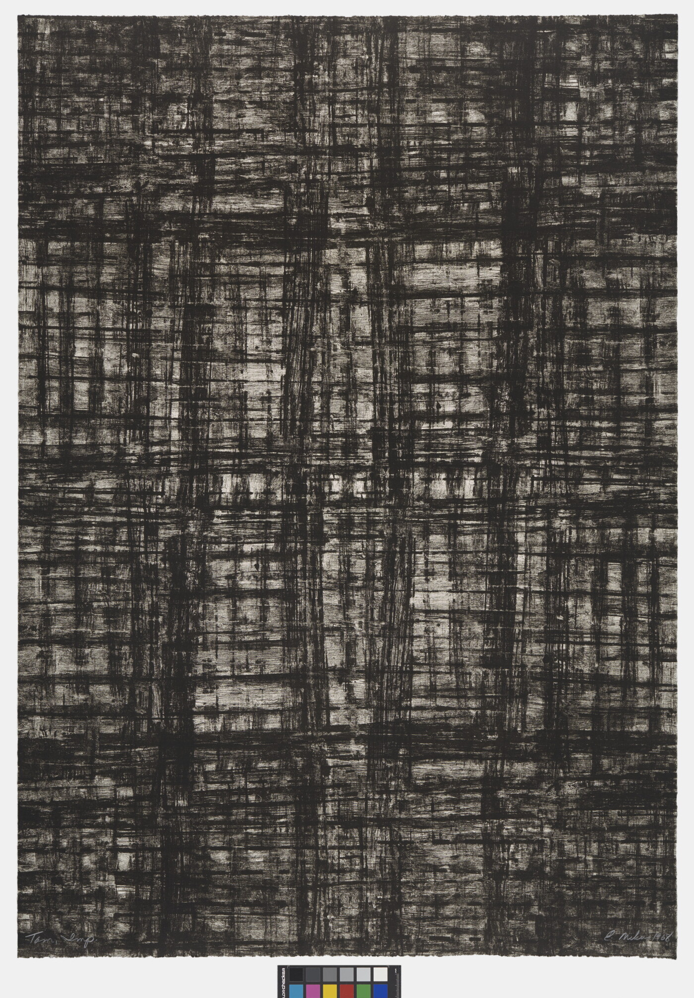 An abstract print of an irregular grid of black hash marks against a white background.