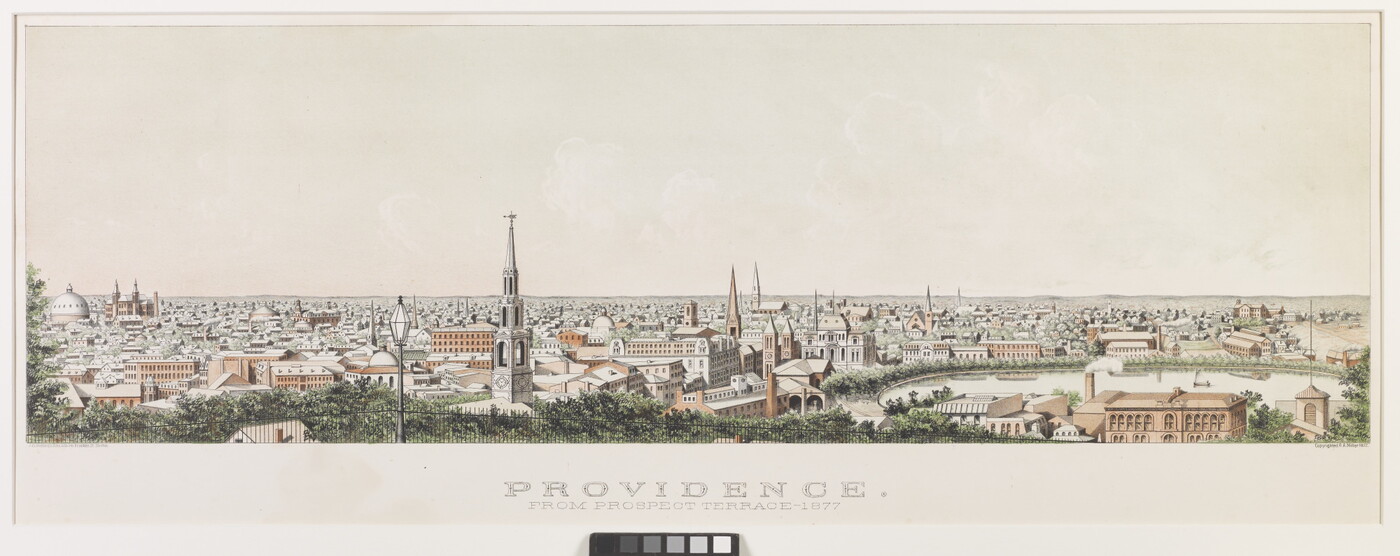 A color print of a settlement of Indigenous people with animals and tipis next to a lake in a mountain valley.