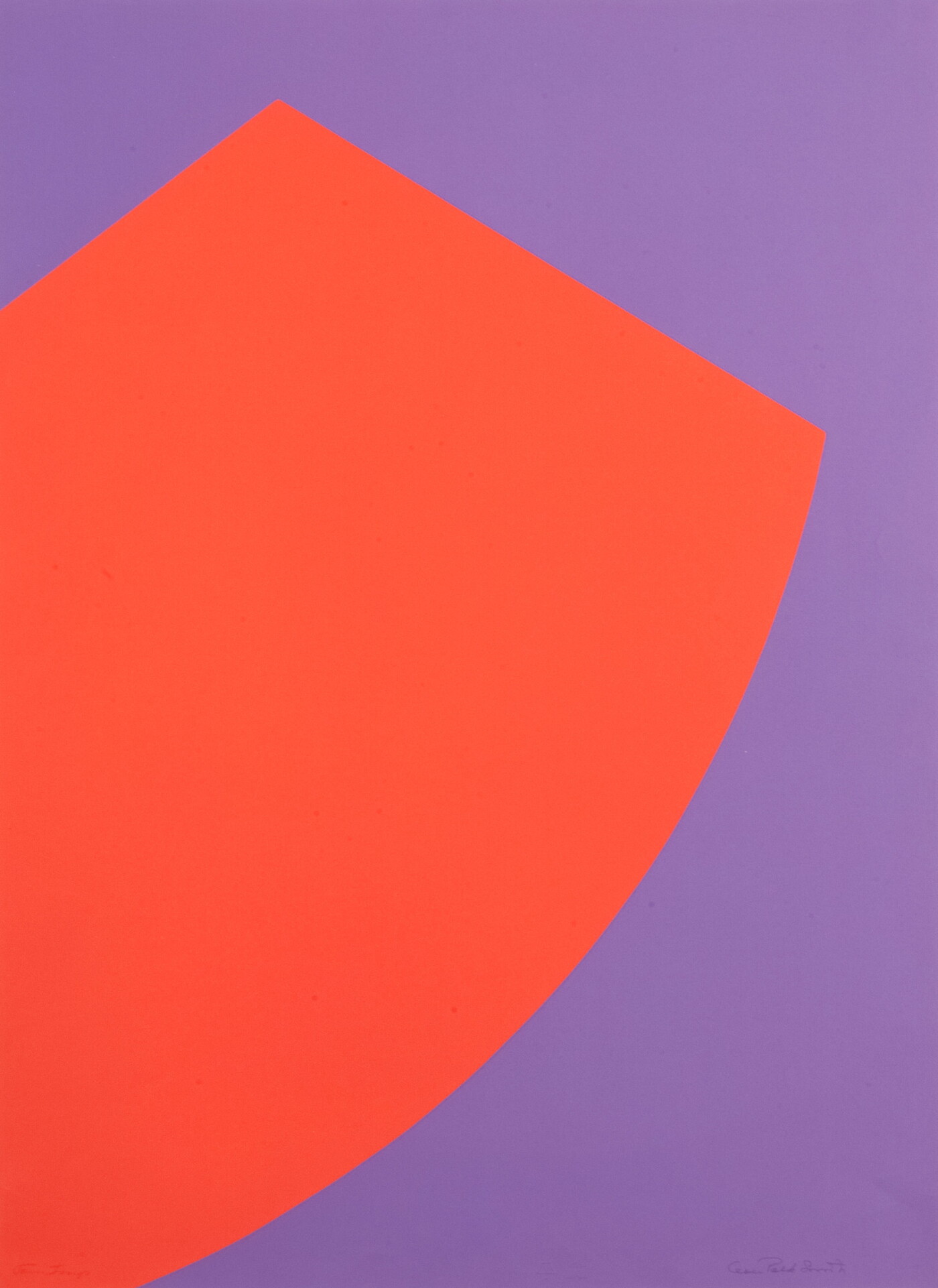 An abstract color print of an orange rectangle-like shape protruding onto a purple field.