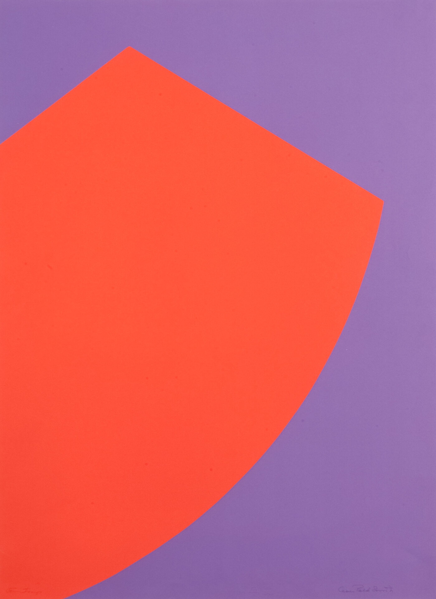 An abstract color print of an orange rectangle-like shape protruding onto a purple field.