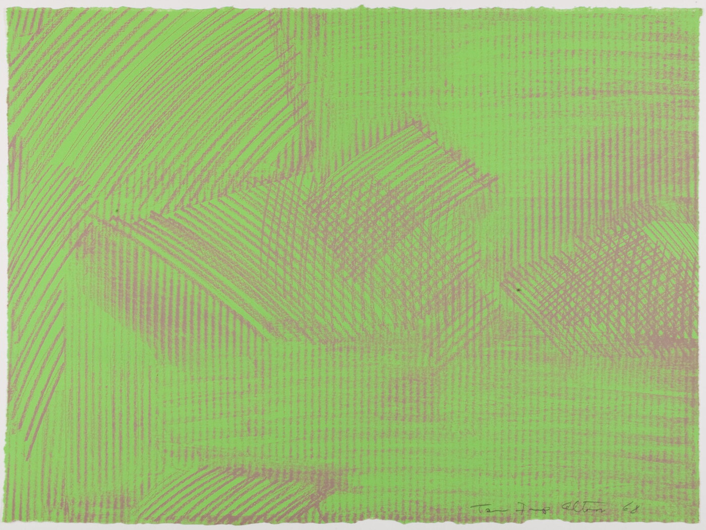 An abstract color print of reddish-gray hash marks against a green background.