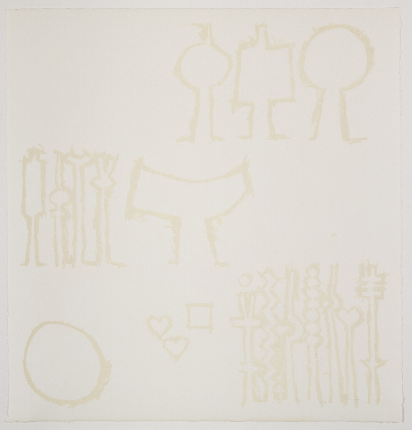 An abstract color print of a series of geometric shapes and symbols in three levels printed in a very light tan on white paper.