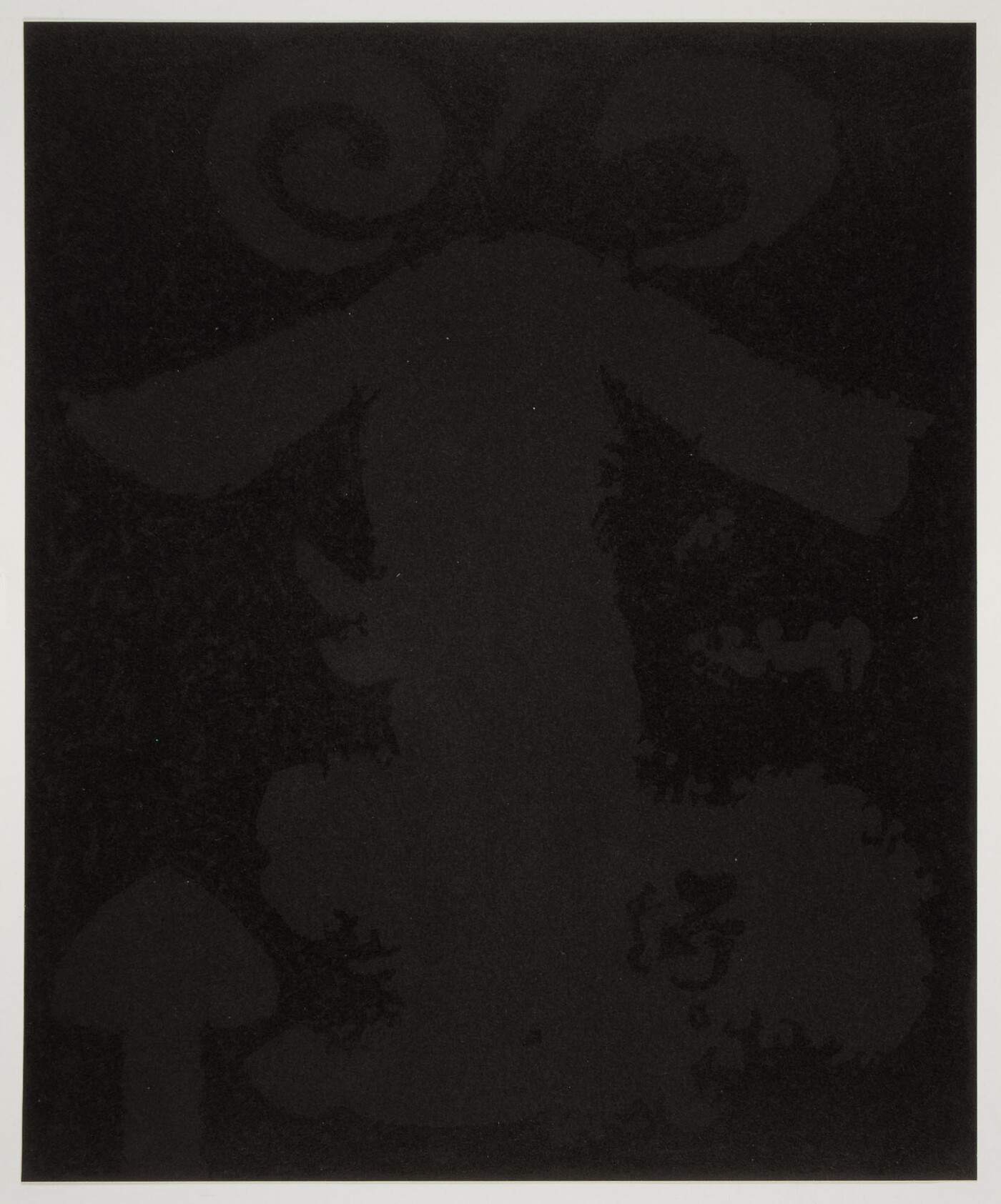An abstract color print of a very dark brown organic shape and arrows pointing up against a black background.