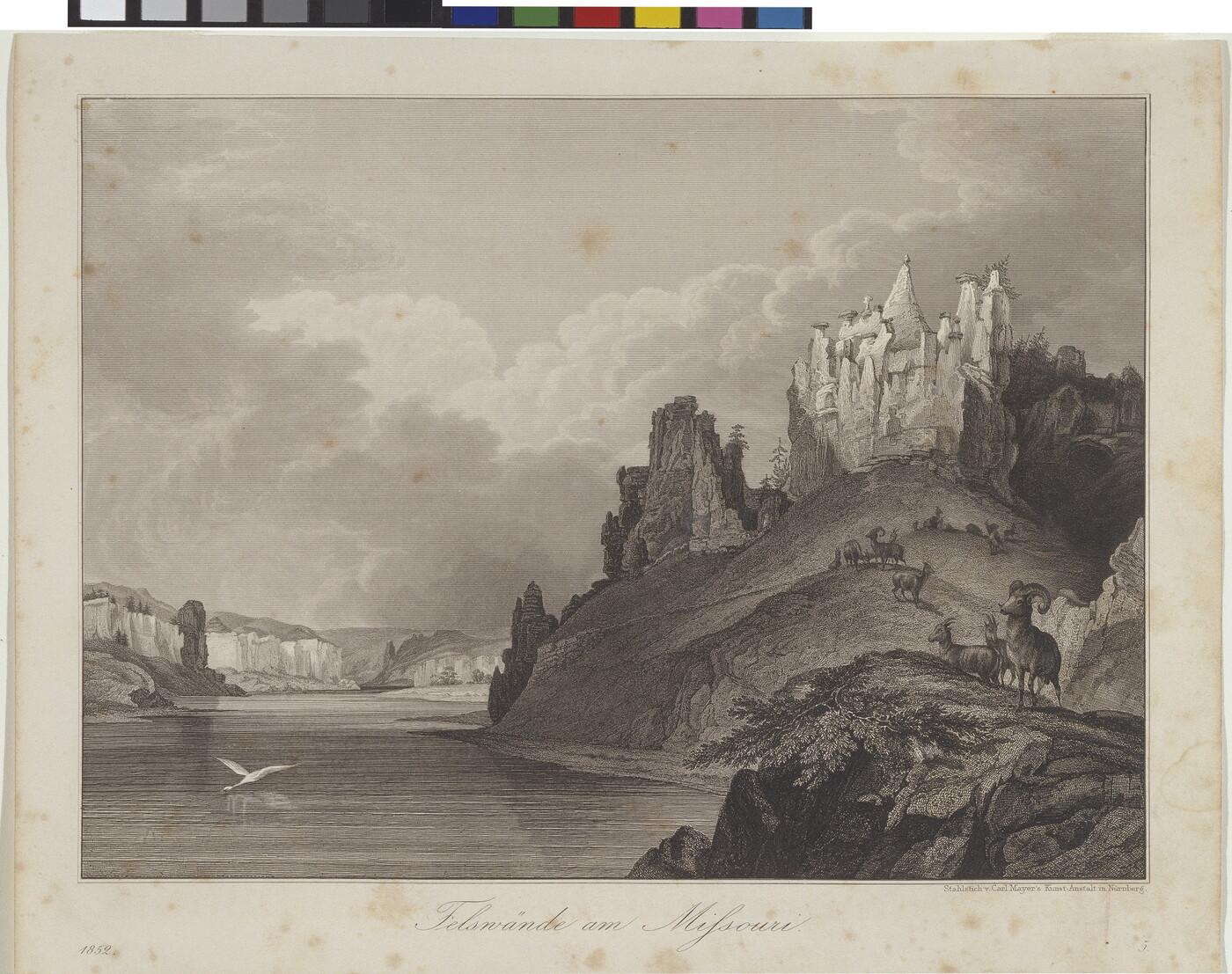 A black-and-white print of a river and castle-like structure on a rocky mountainside with sheep grazing on the hillsides.