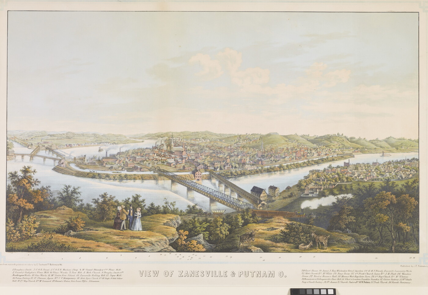 A color print of two cities separated by a river with bridges connecting them.