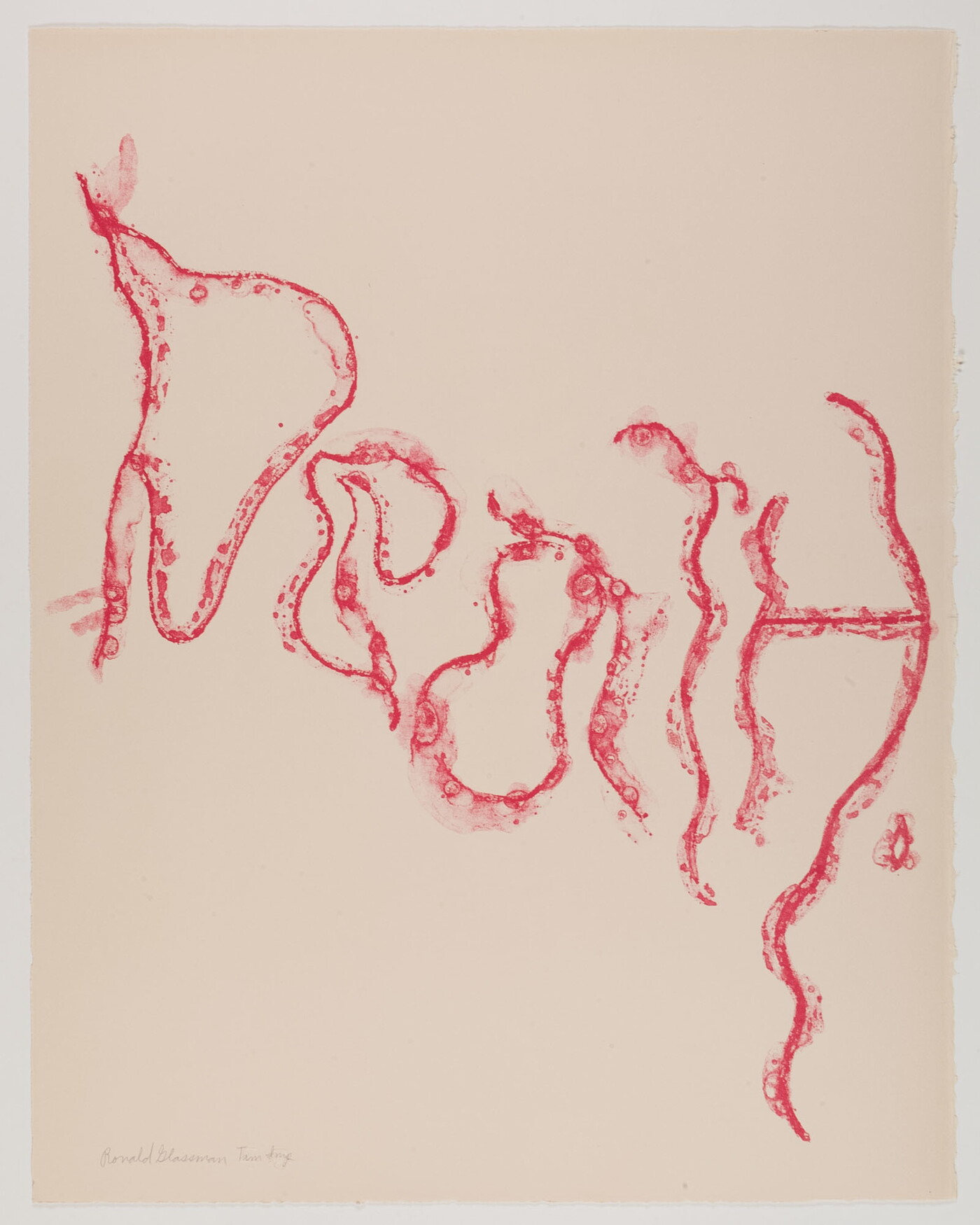 A color print of red, wavy handwritten text reading &quot;Death.&quot;