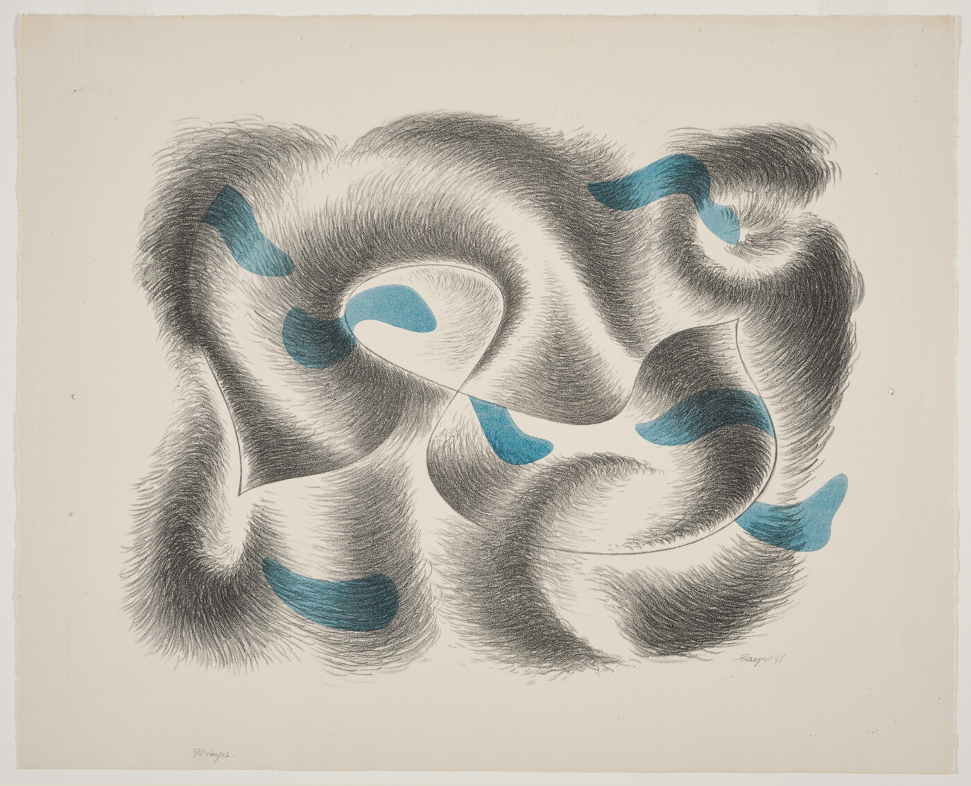 An abstract color print of a gray swirl design with blue, organic-shaped accents.
