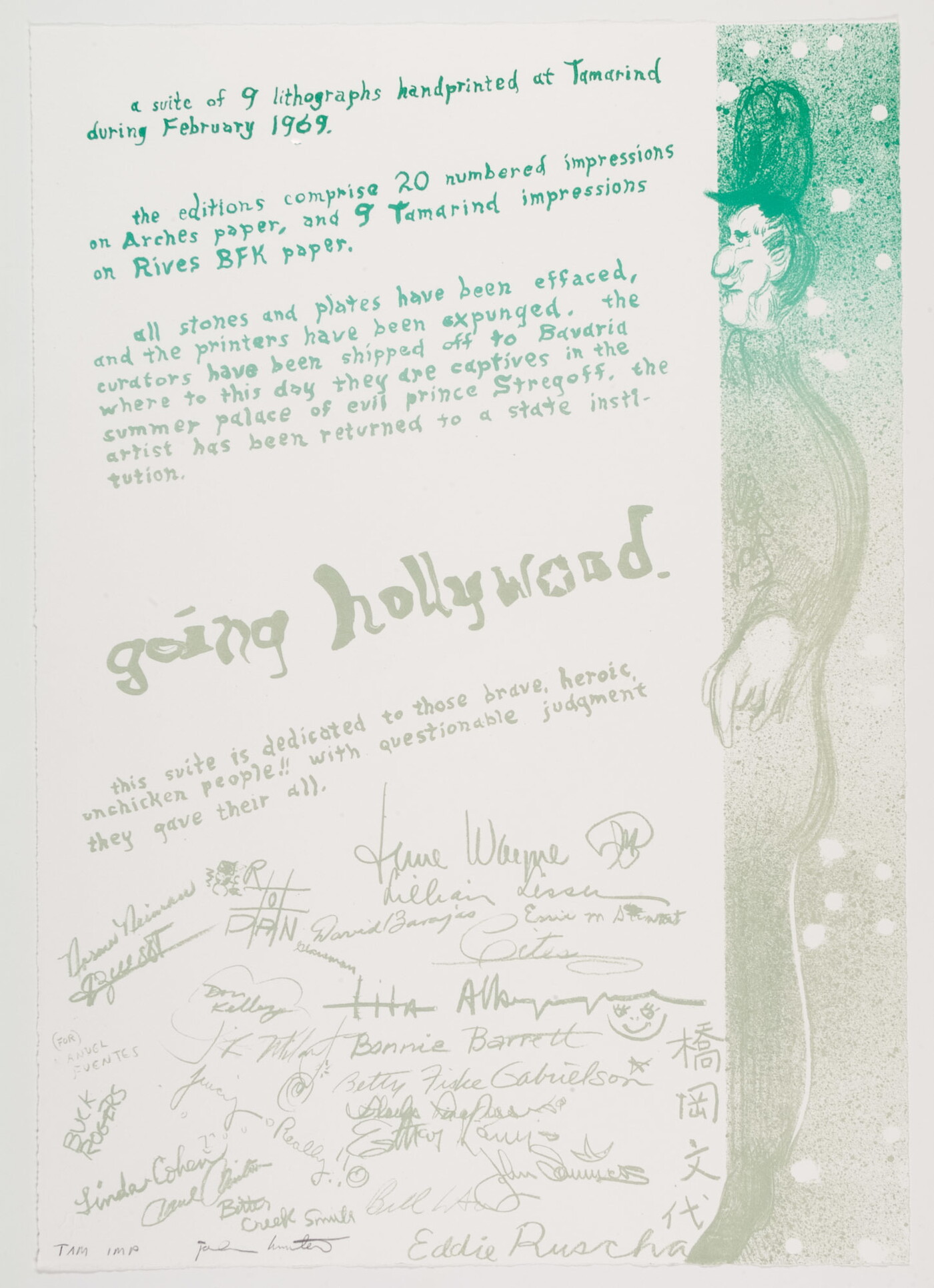 A color print, two-thirds is covered with printed and cursive text, the largest reads, &quot;going hollywood&#039;; the third on the far right shows an abstract person standing in profile in green and tan.