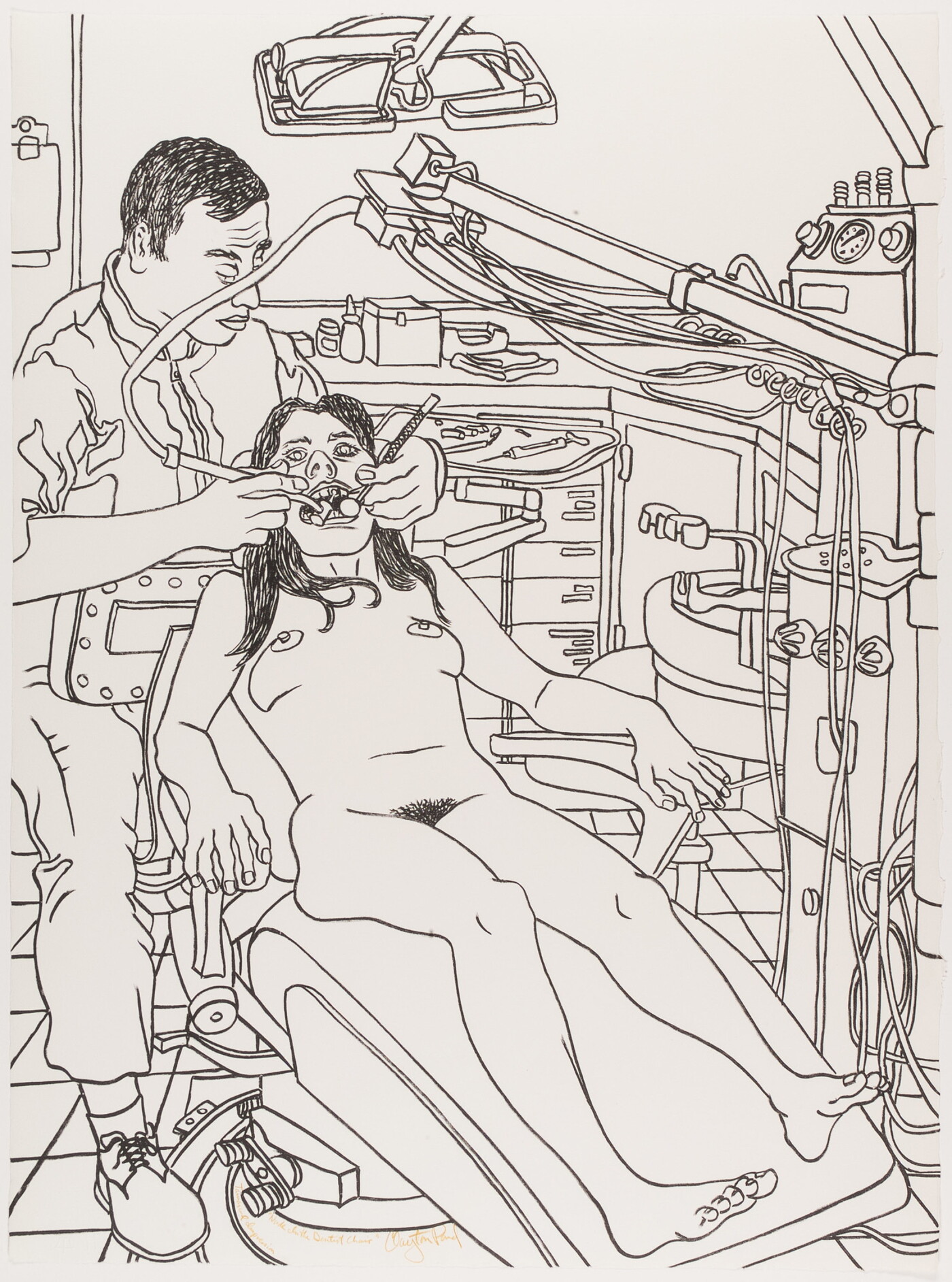 A black-and-white line drawing of a nude woman lying in a dentist&#039;s chair as the dentist works on her mouth.