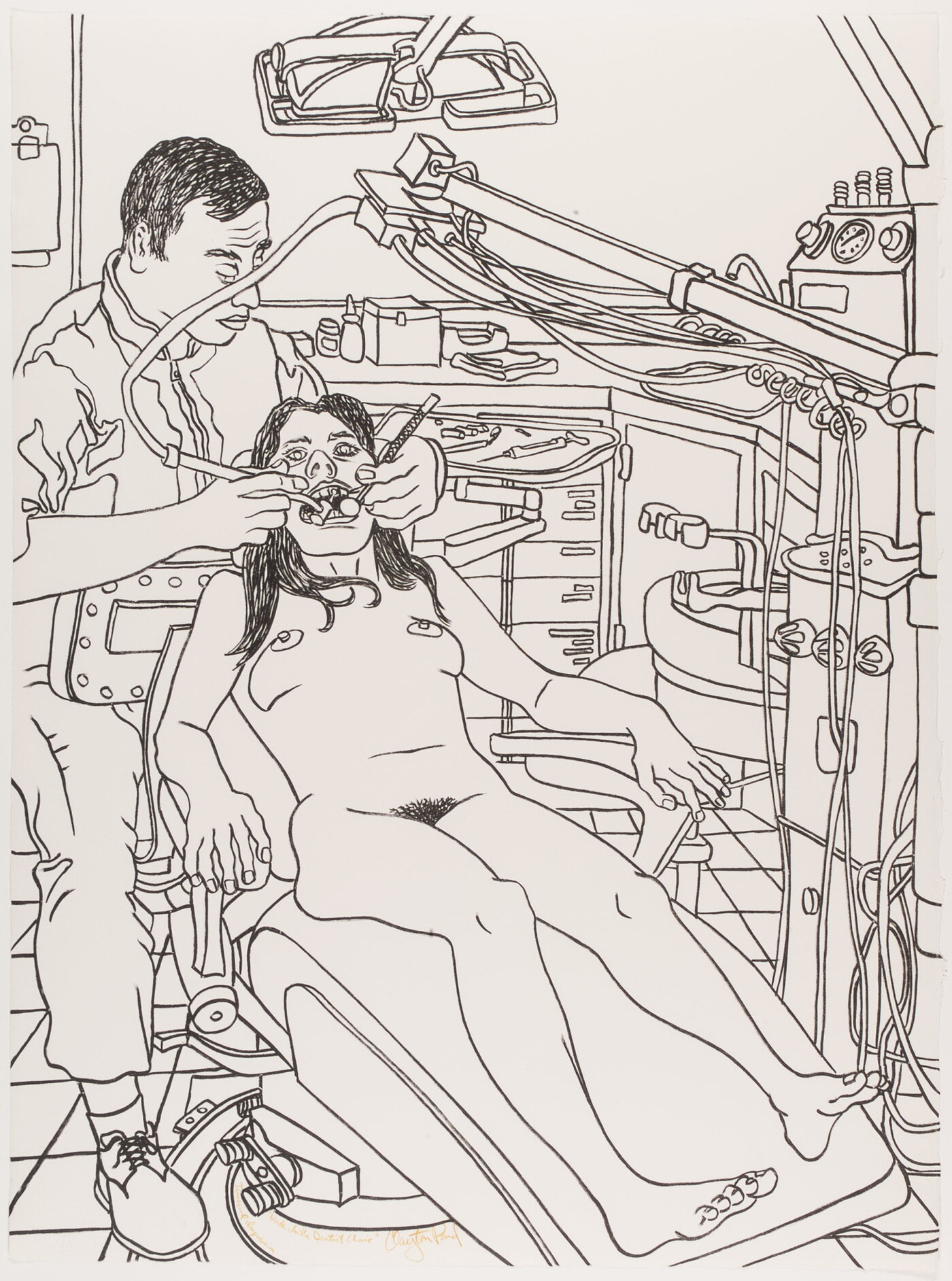 A black-and-white line drawing of a nude woman lying in a dentist&#039;s chair as the dentist works on her mouth.