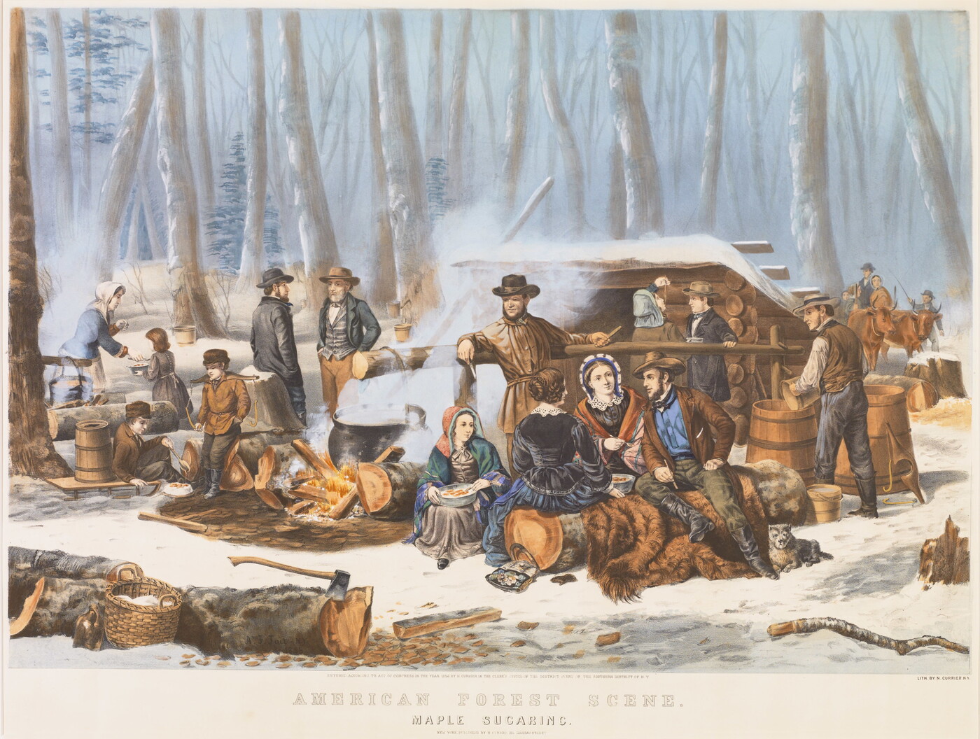 A color print of adults and children congregating outside a log shack in a snowy, wooded area.