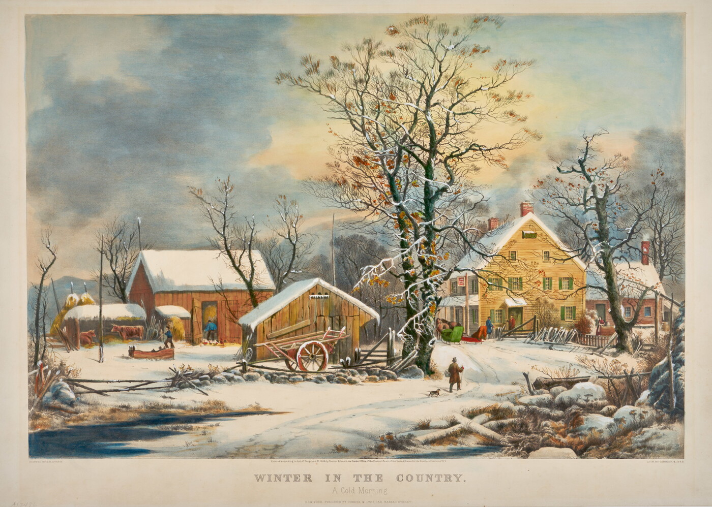 A color print of a barn and farmhouse in a snowy winter scene.