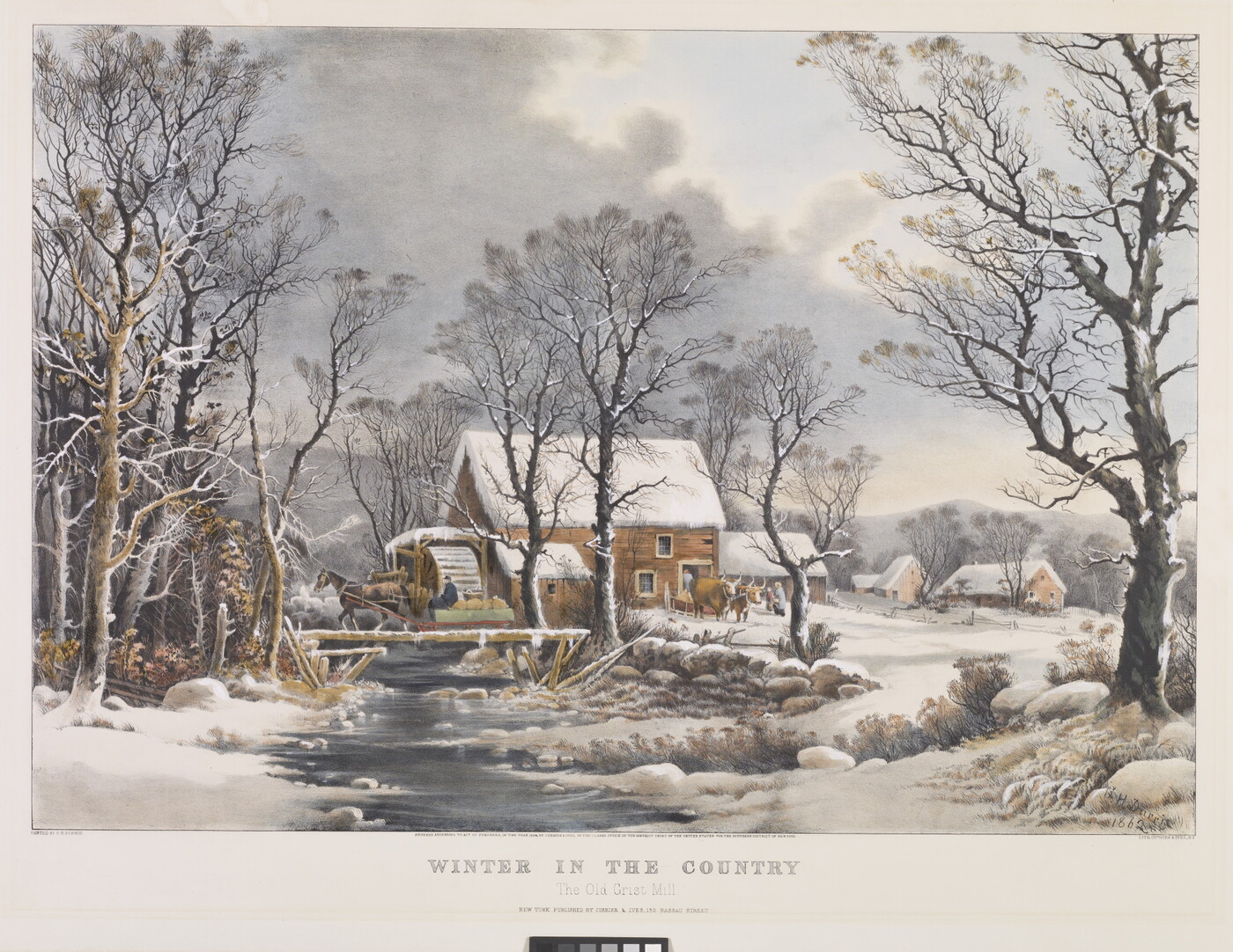 A color print of a snowy landscape with an icy stream running by a grist mill and houses in the distance above the words, "Winter in the Country."